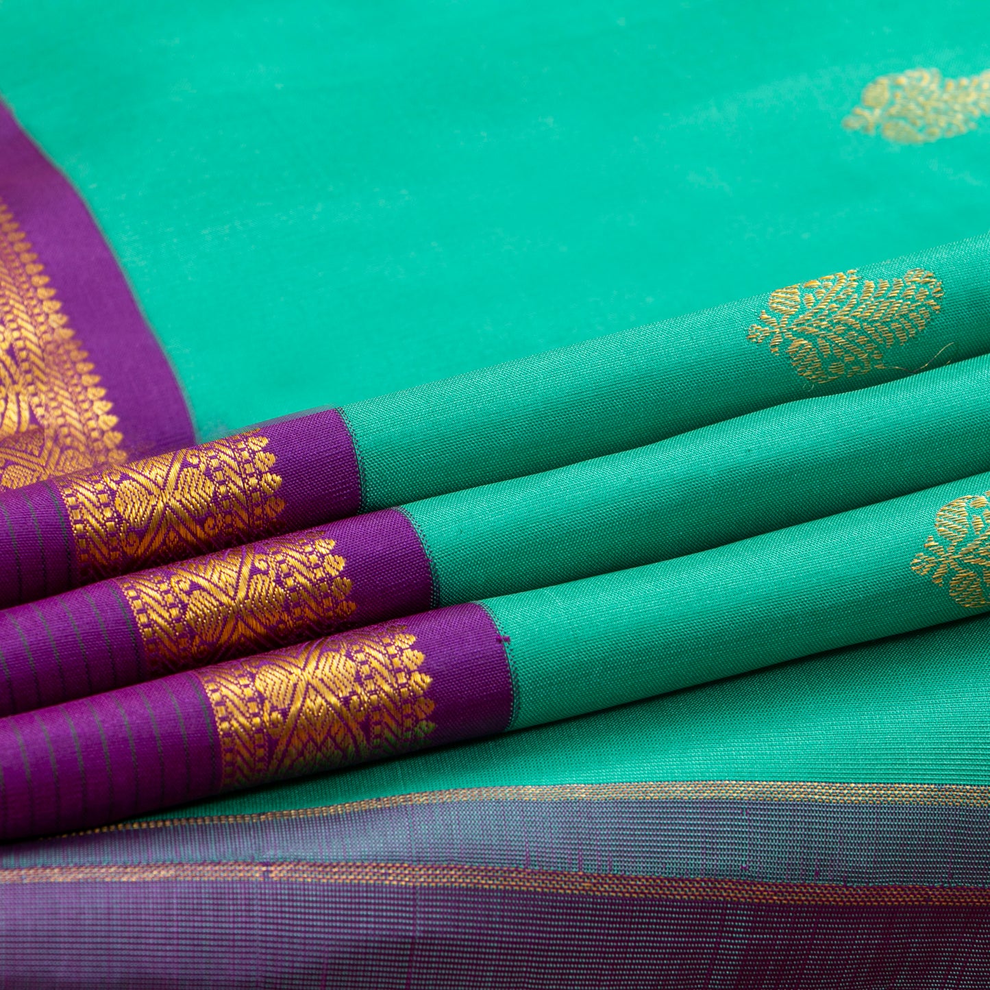 Sea Green And Purple Kanchipuram Silk Saree With Rettai Pettu Border For Festive Wear PV NYC 1847