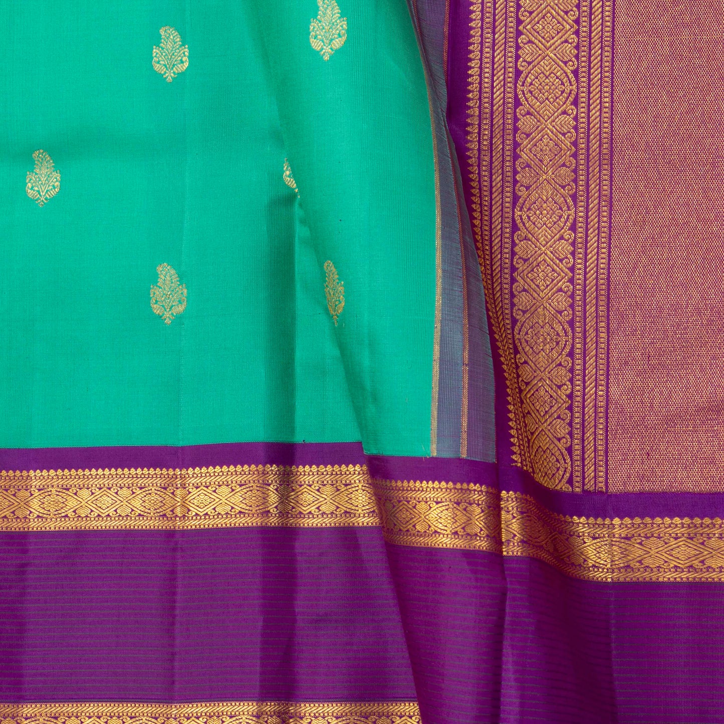 Sea Green And Purple Kanchipuram Silk Saree With Rettai Pettu Border For Festive Wear PV NYC 1847