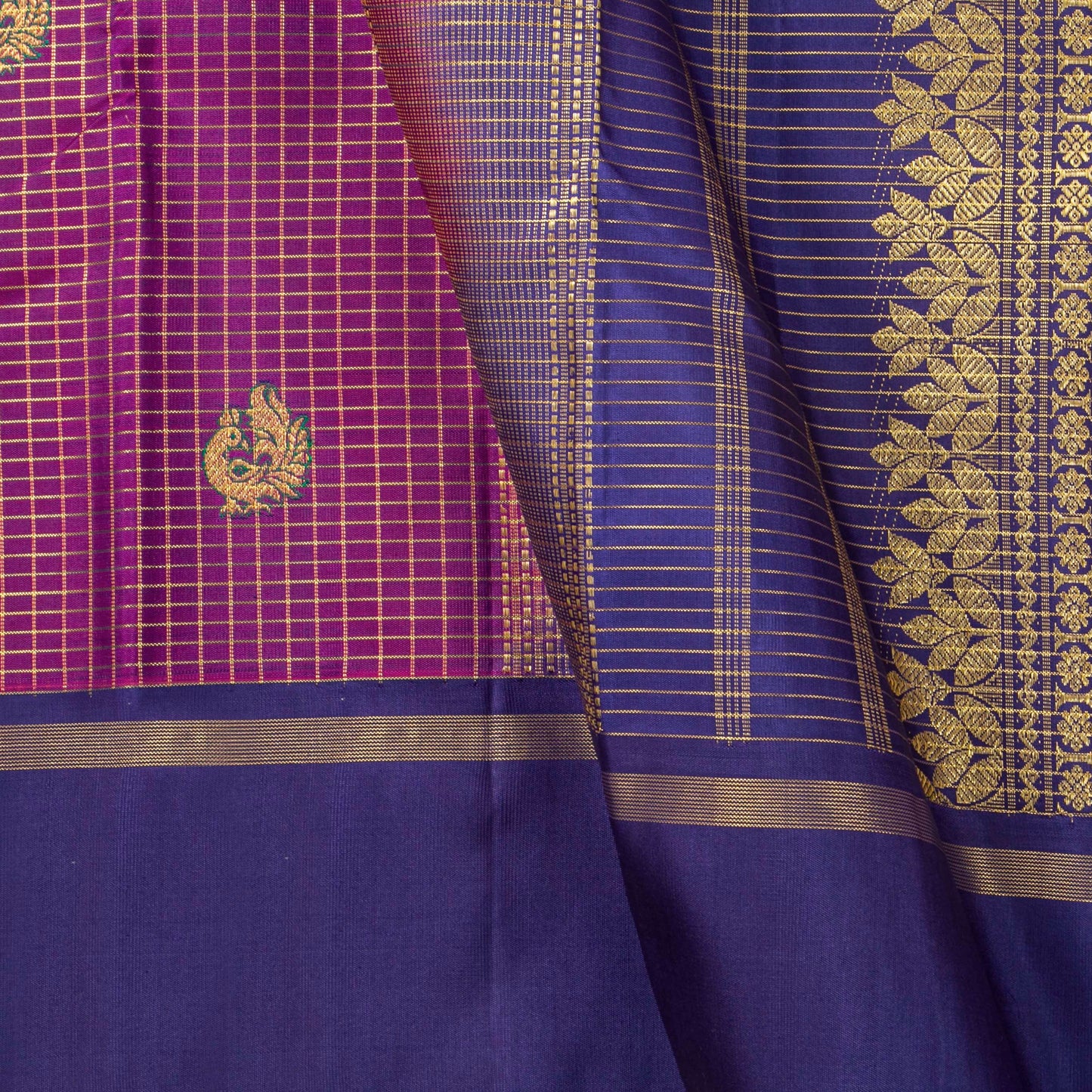 Magenta And Navy Blue Kanchipuram Silk Saree For Festive Wear PV NYC 1787