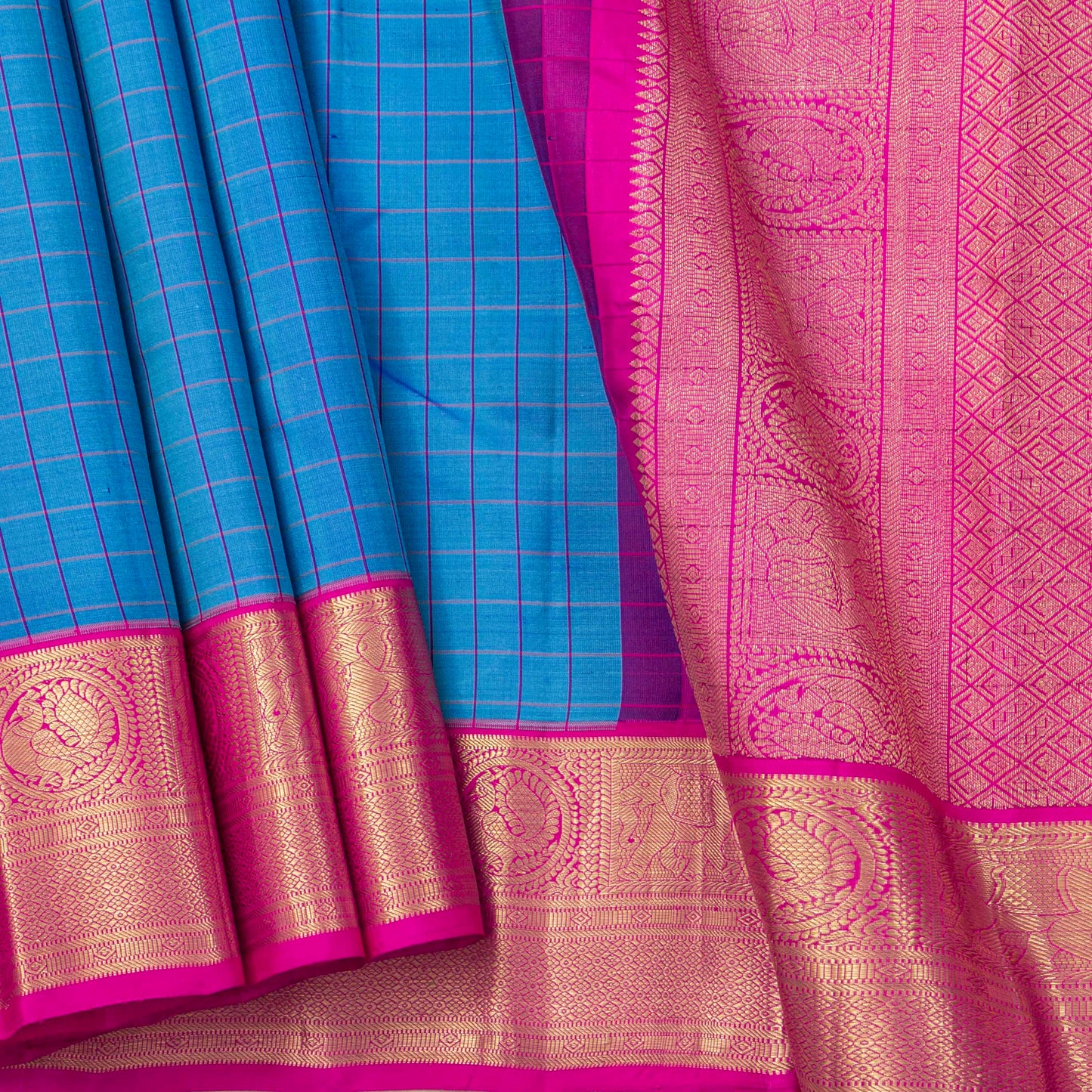 Blue And Pink Kanchipuram Silk Saree For Festive Wear PV NYC 1790 - Silk Sari - Panjavarnam PV NYC 1790