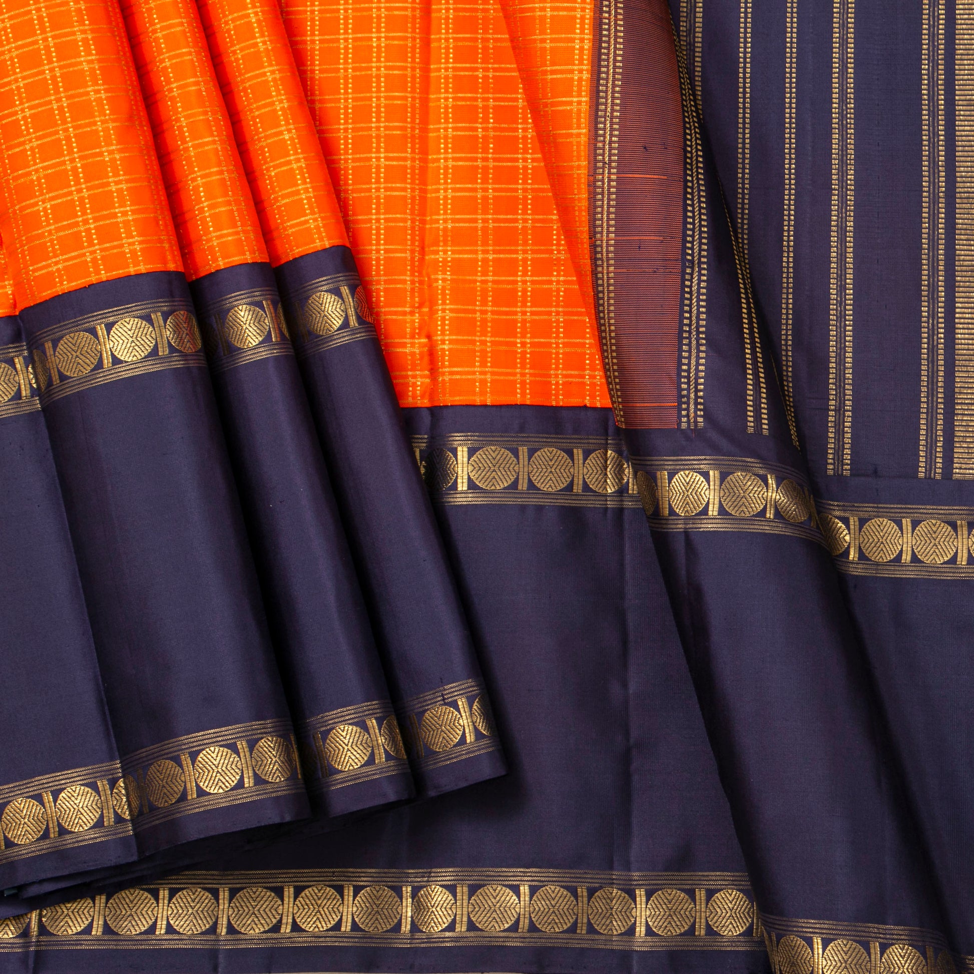Orange And Navy Blue Kanchipuram Silk Saree For Festive Wear PV NYC 1789 - Silk Sari - Panjavarnam PV NYC 1789
