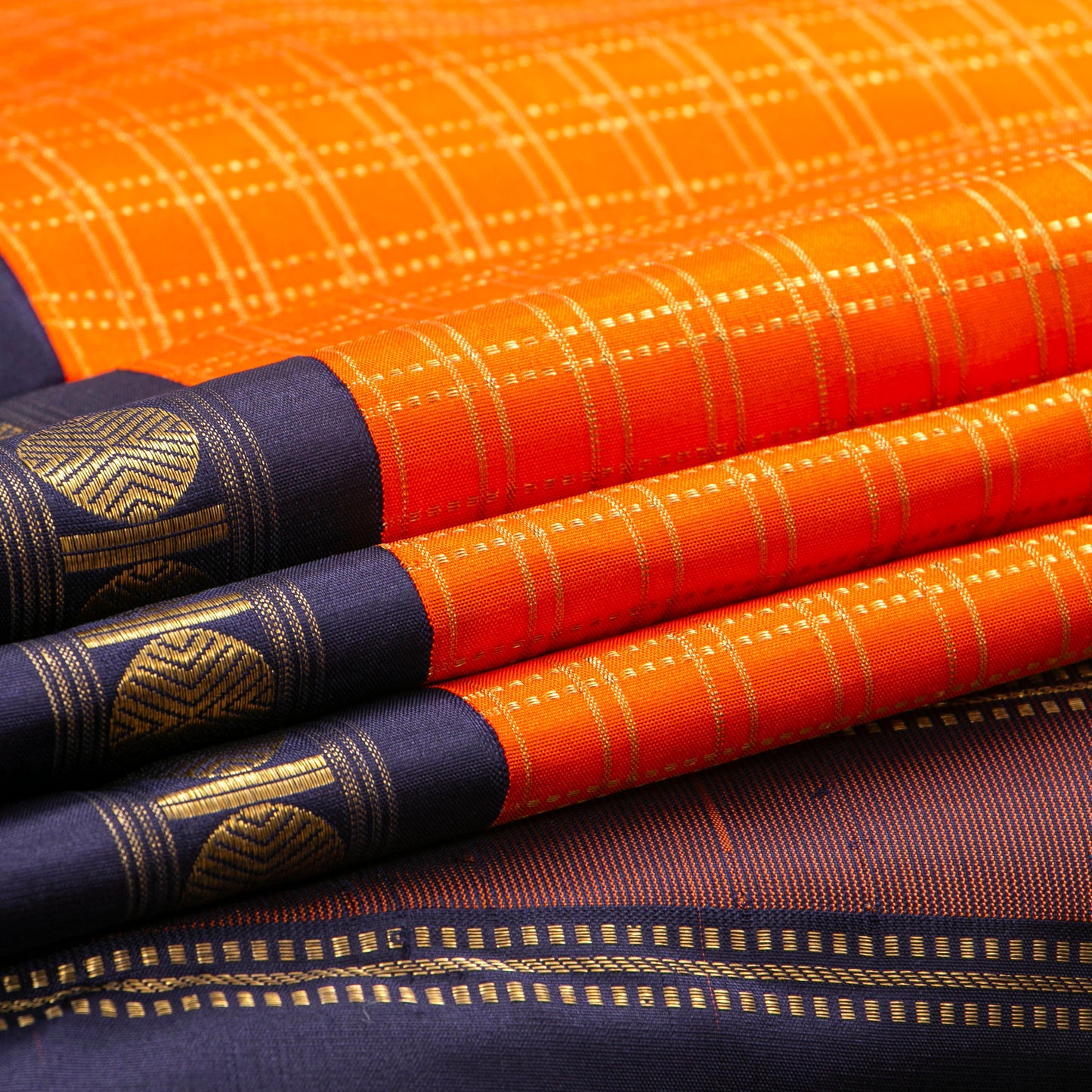 Orange And Navy Blue Kanchipuram Silk Saree For Festive Wear PV NYC 1789 - Silk Sari - Panjavarnam PV NYC 1789