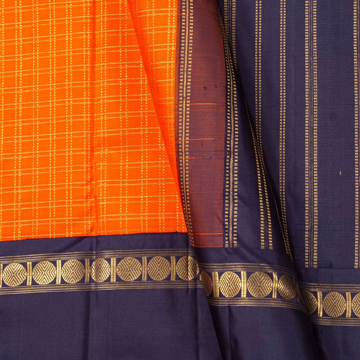 Orange And Navy Blue Kanchipuram Silk Saree For Festive Wear PV NYC 1789 - Silk Sari - Panjavarnam PV NYC 1789
