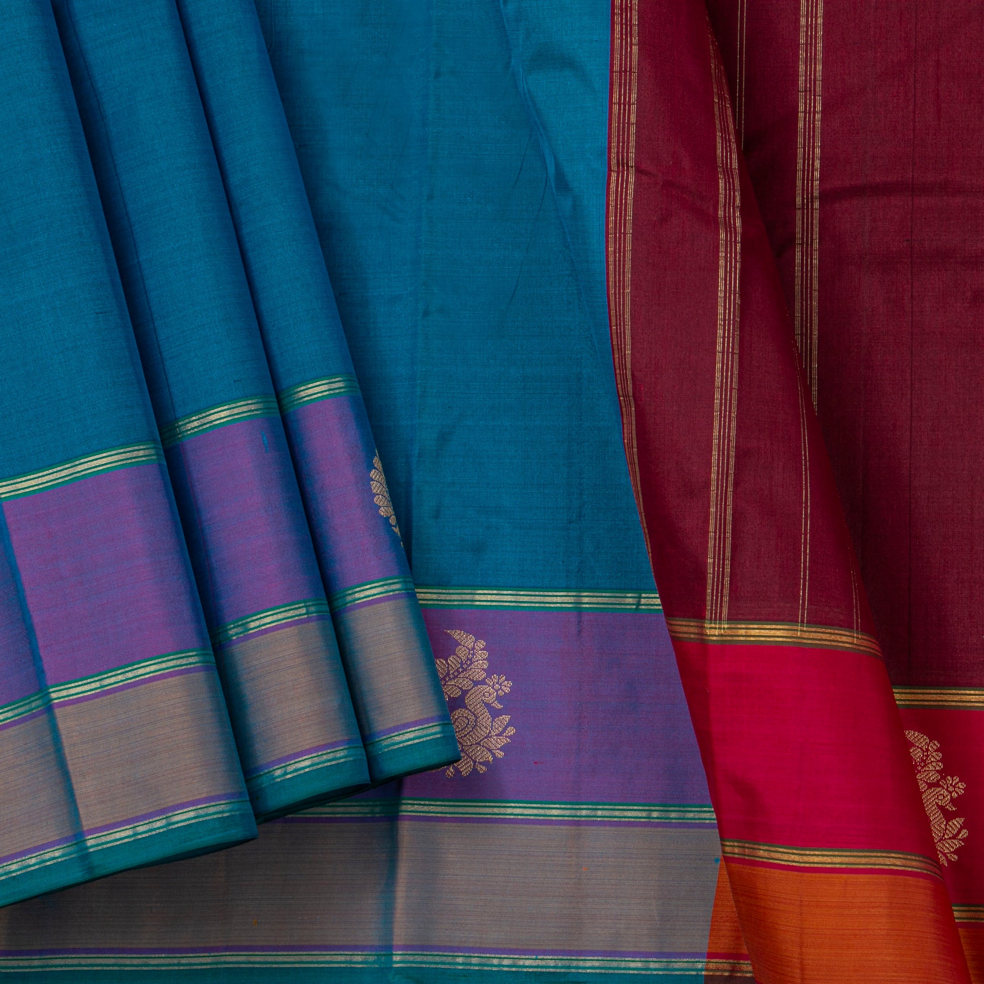Blue And Maroon Kanchipuram Silk Saree For Festive Wear PV NYC 1820 - Silk Sari - Panjavarnam PV NYC 1820