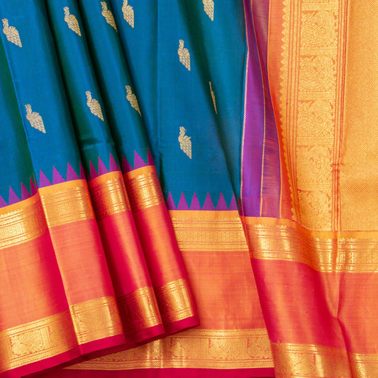 Blue And Orange Kanchipuram Silk Saree For Festive Wear PV NYC 1918 - Silk Sari - Panjavarnam PV NYC 1918