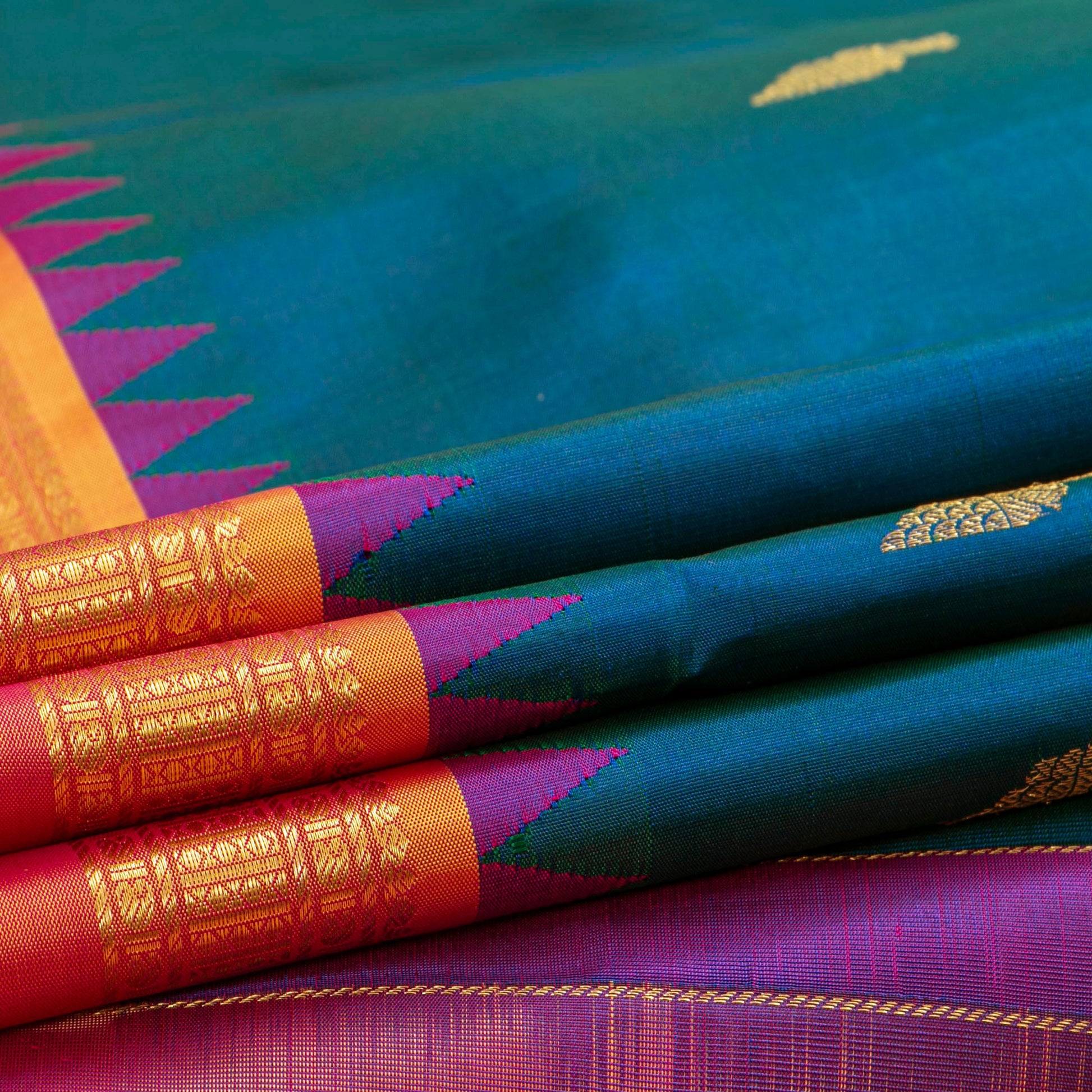 Blue And Orange Kanchipuram Silk Saree For Festive Wear PV NYC 1918 - Silk Sari - Panjavarnam PV NYC 1918