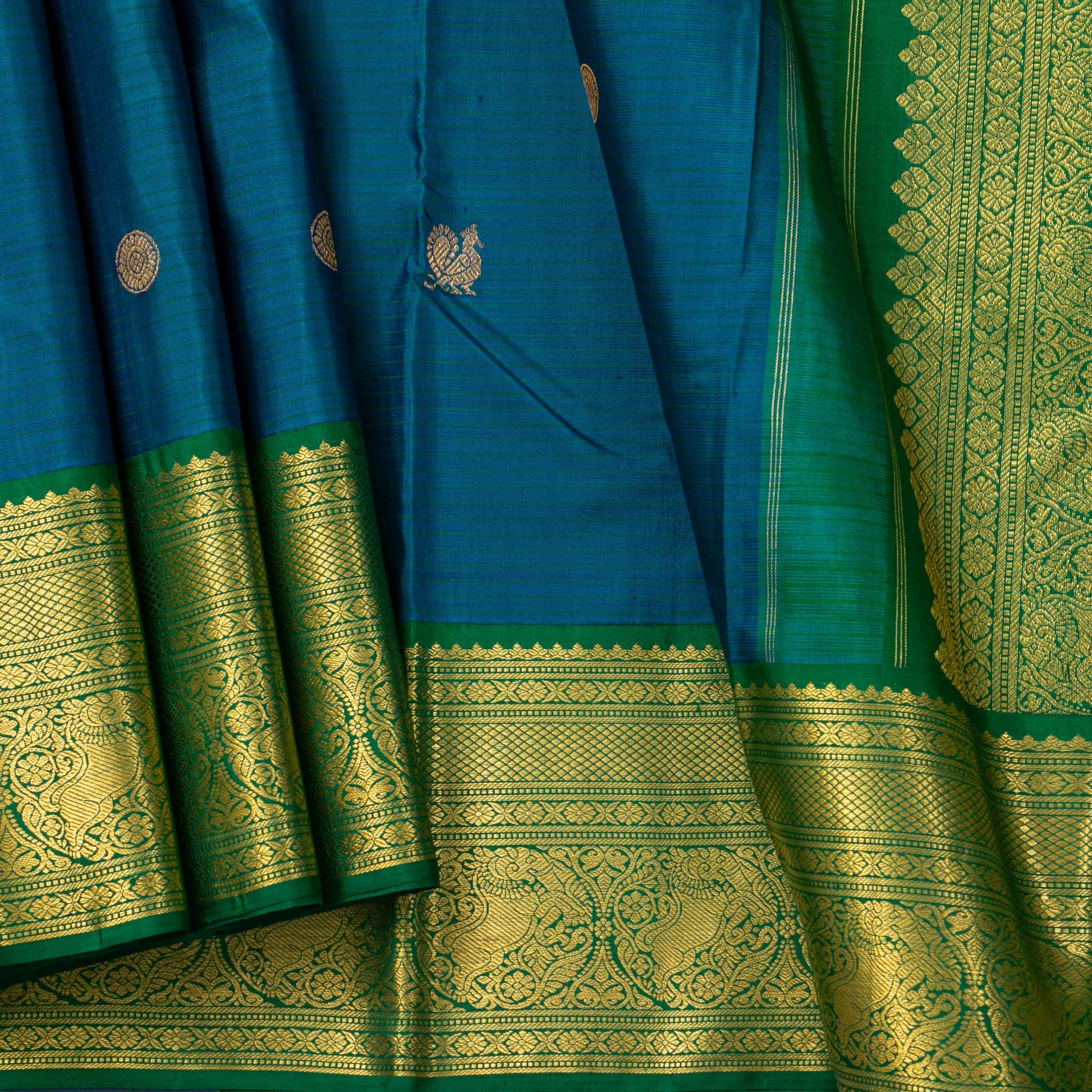 Mayilkazhuthu Blue And Green Kanchipuram Silk Saree For Festive Wear PV NYC 1930 - Silk Sari - Panjavarnam PV NYC 1930