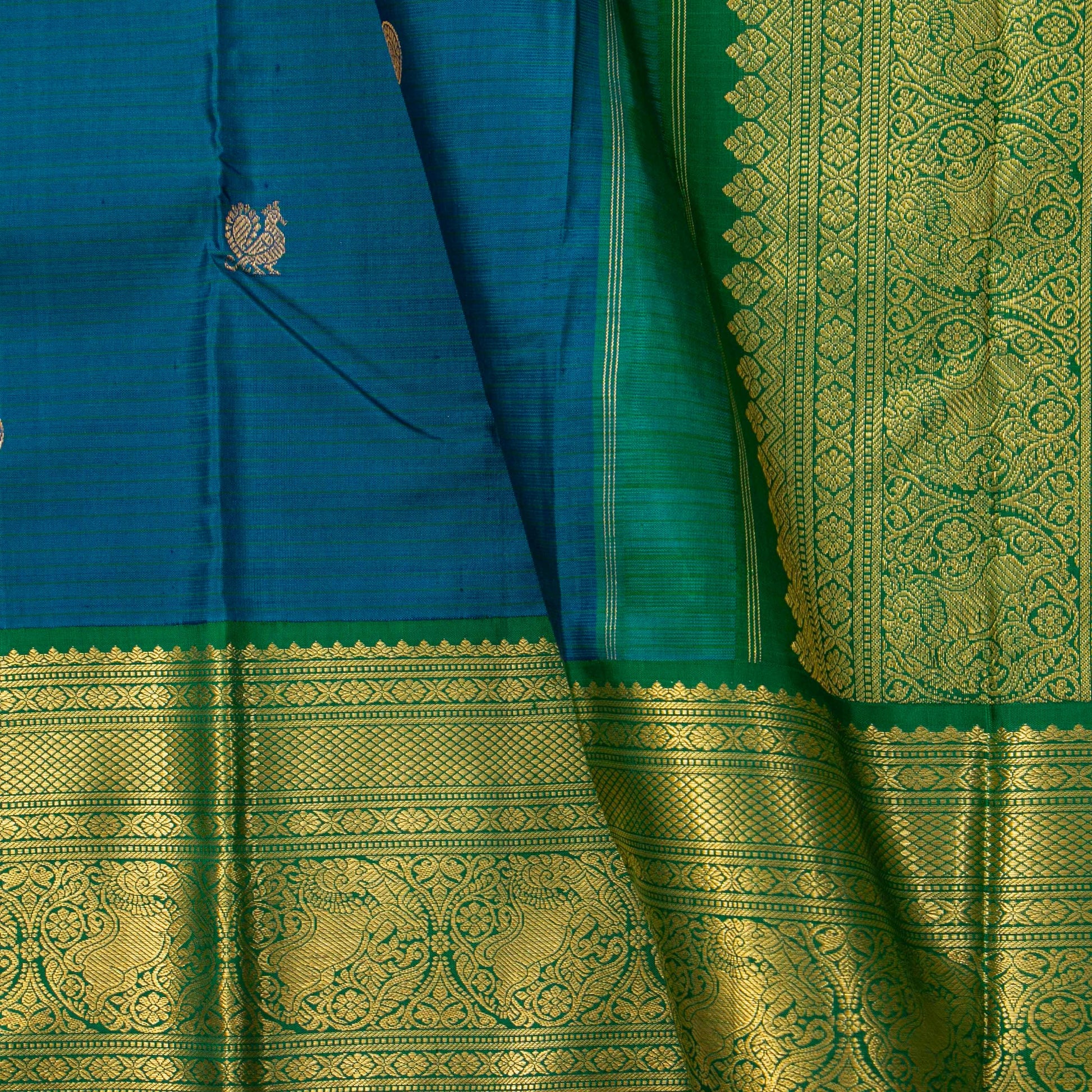 Mayilkazhuthu Blue And Green Kanchipuram Silk Saree For Festive Wear PV NYC 1930 - Silk Sari - Panjavarnam PV NYC 1930