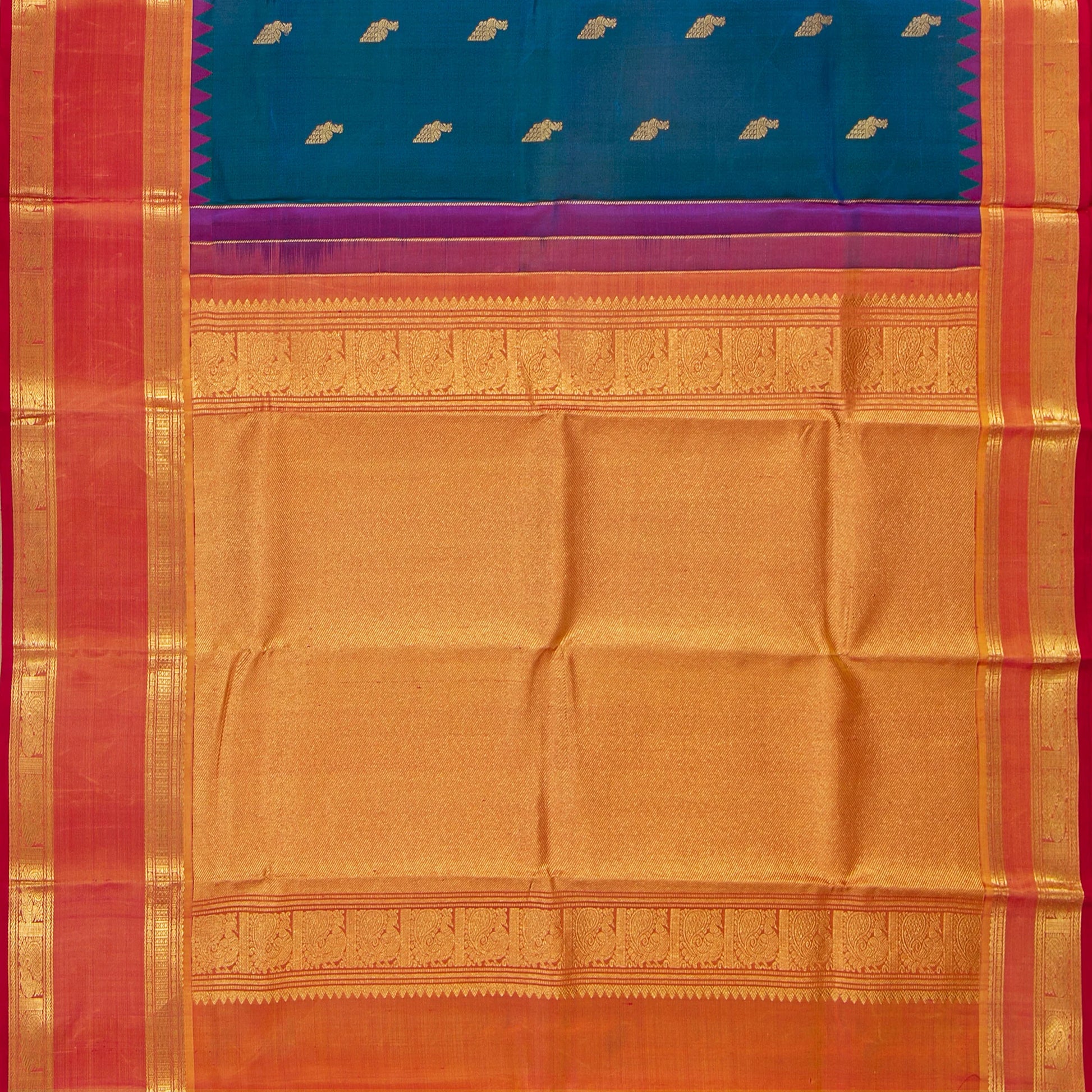 Blue And Orange Kanchipuram Silk Saree For Festive Wear PV NYC 1918 - Silk Sari - Panjavarnam PV NYC 1918