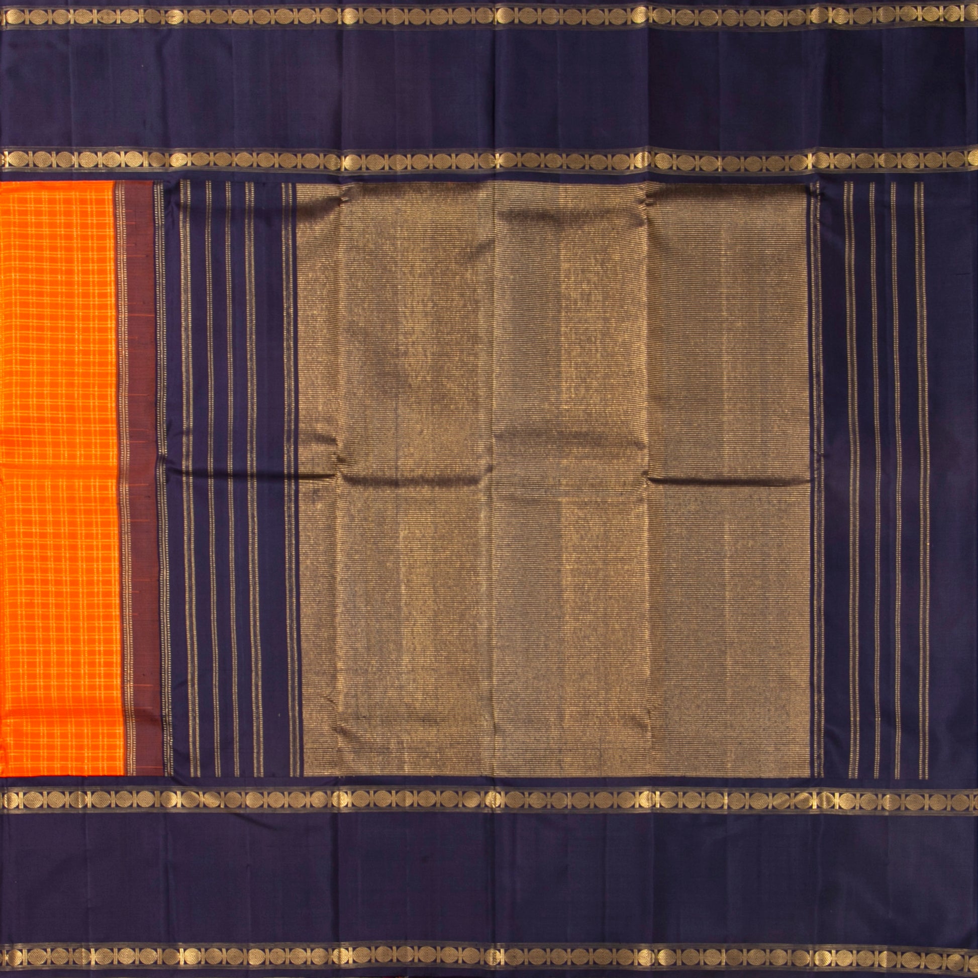 Orange And Navy Blue Kanchipuram Silk Saree For Festive Wear PV NYC 1789 - Silk Sari - Panjavarnam PV NYC 1789