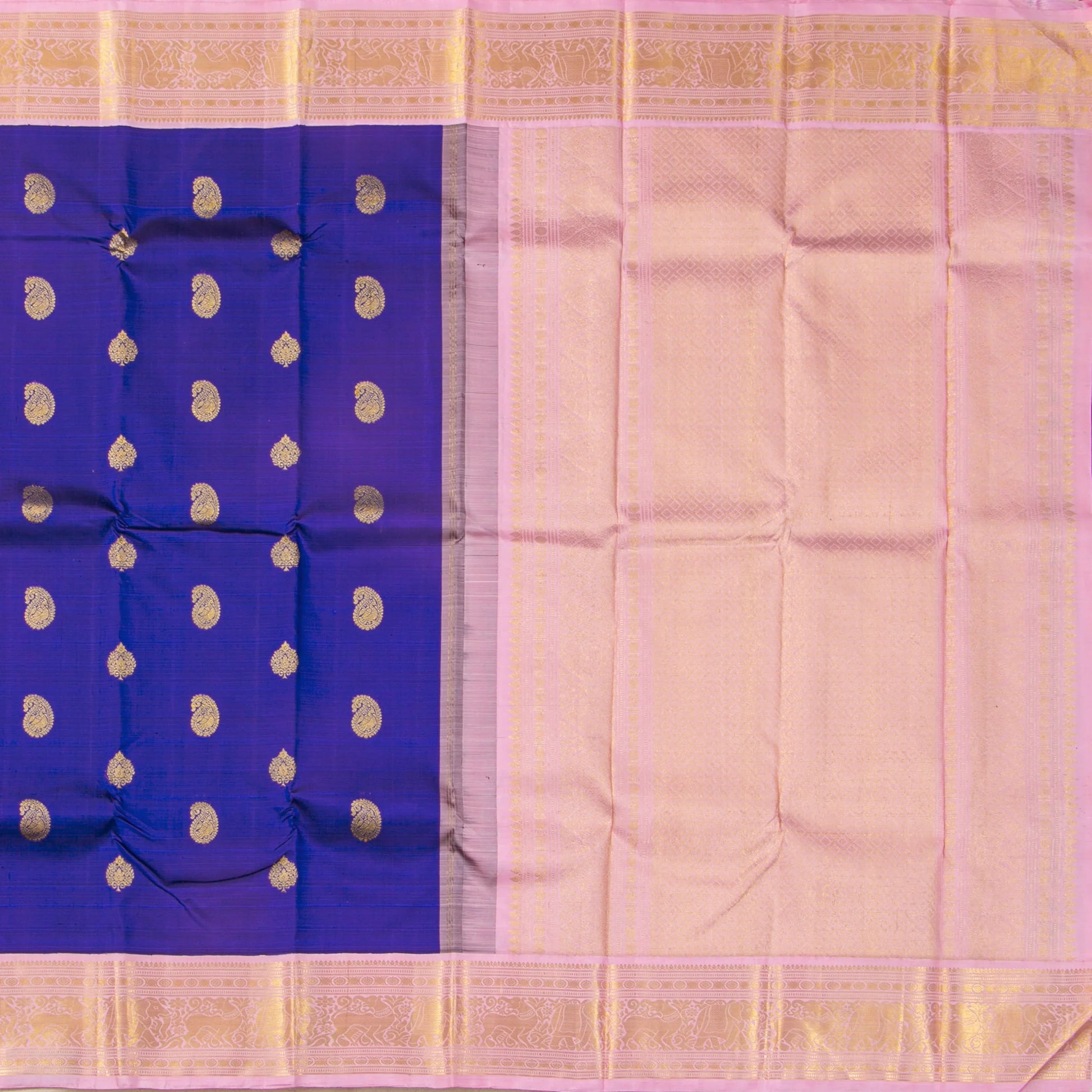 Blue And Pastel Pink Kanchipuram Silk Saree For Festive Wear PV NYC 1755 - Silk Sari - Panjavarnam PV NYC 1755