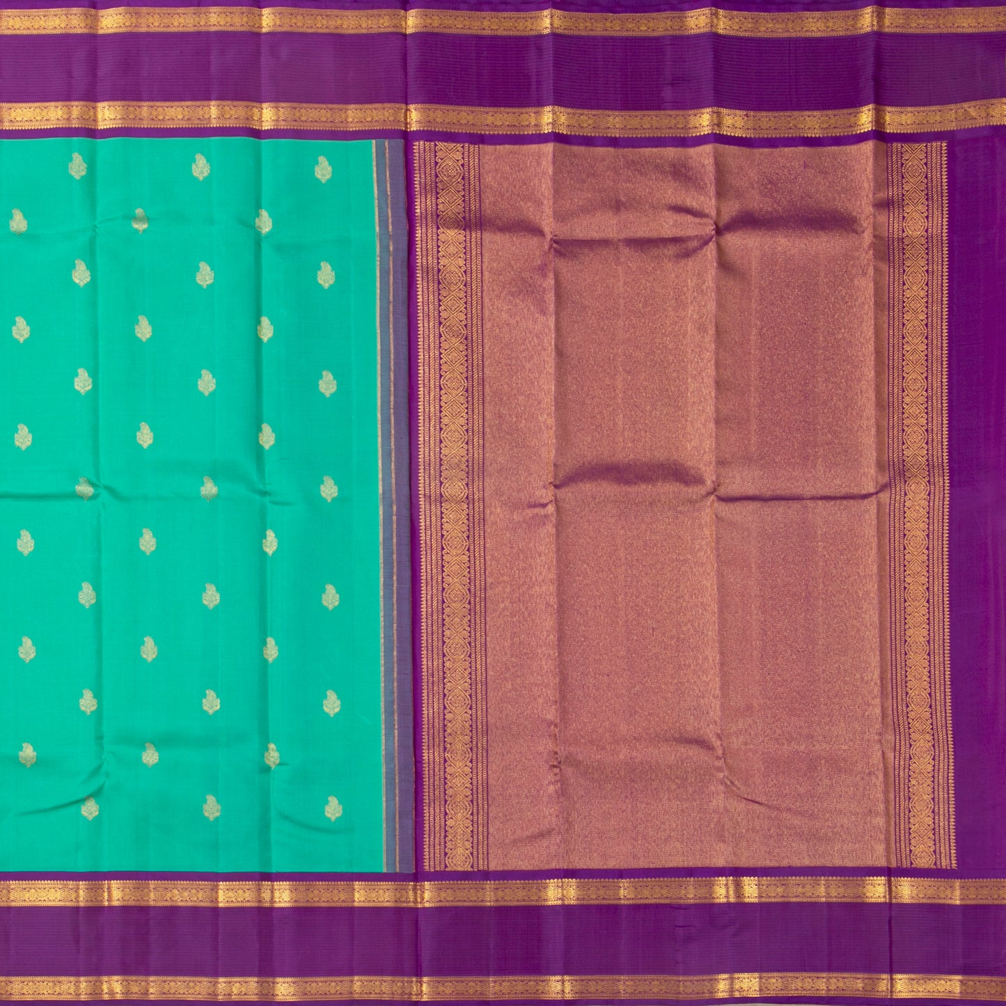 Sea Green And Purple Kanchipuram Silk Saree With Rettai Pettu Border For Festive Wear PV NYC 1847