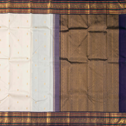 Off White And Aubergine Kanchipuram Silk Saree With Korvai Contrast Borders For Wedding Wear PV NYC 1750