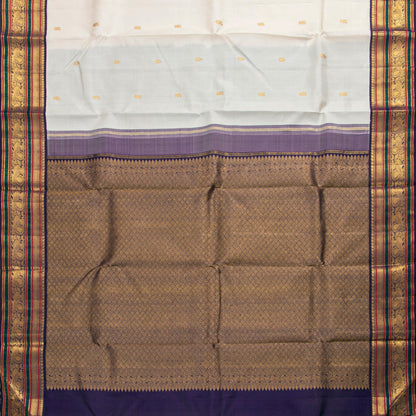 Off White And Aubergine Kanchipuram Silk Saree With Korvai Contrast Borders For Wedding Wear PV NYC 1750