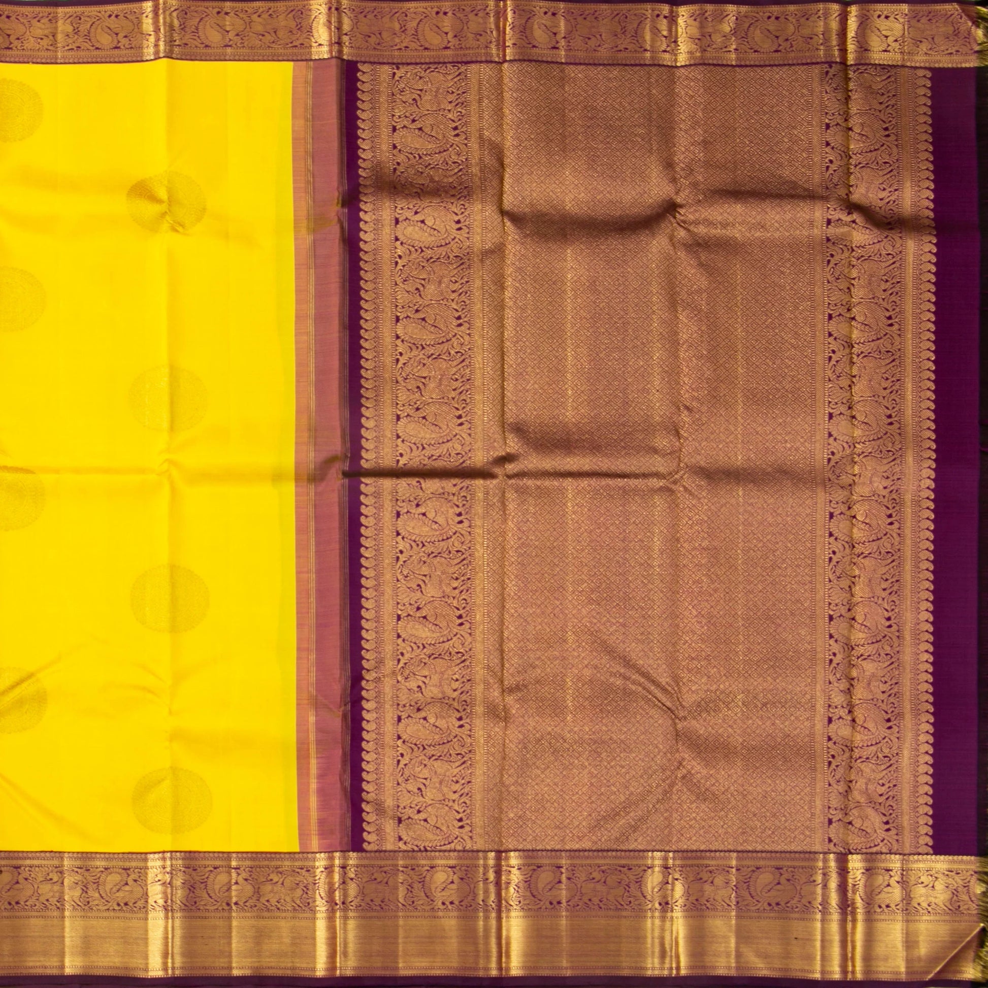 Yellow And Purple Kanchipuram Silk Saree For Wedding Wear PV NYC 1756 - Silk Sari - Panjavarnam PV NYC 1756