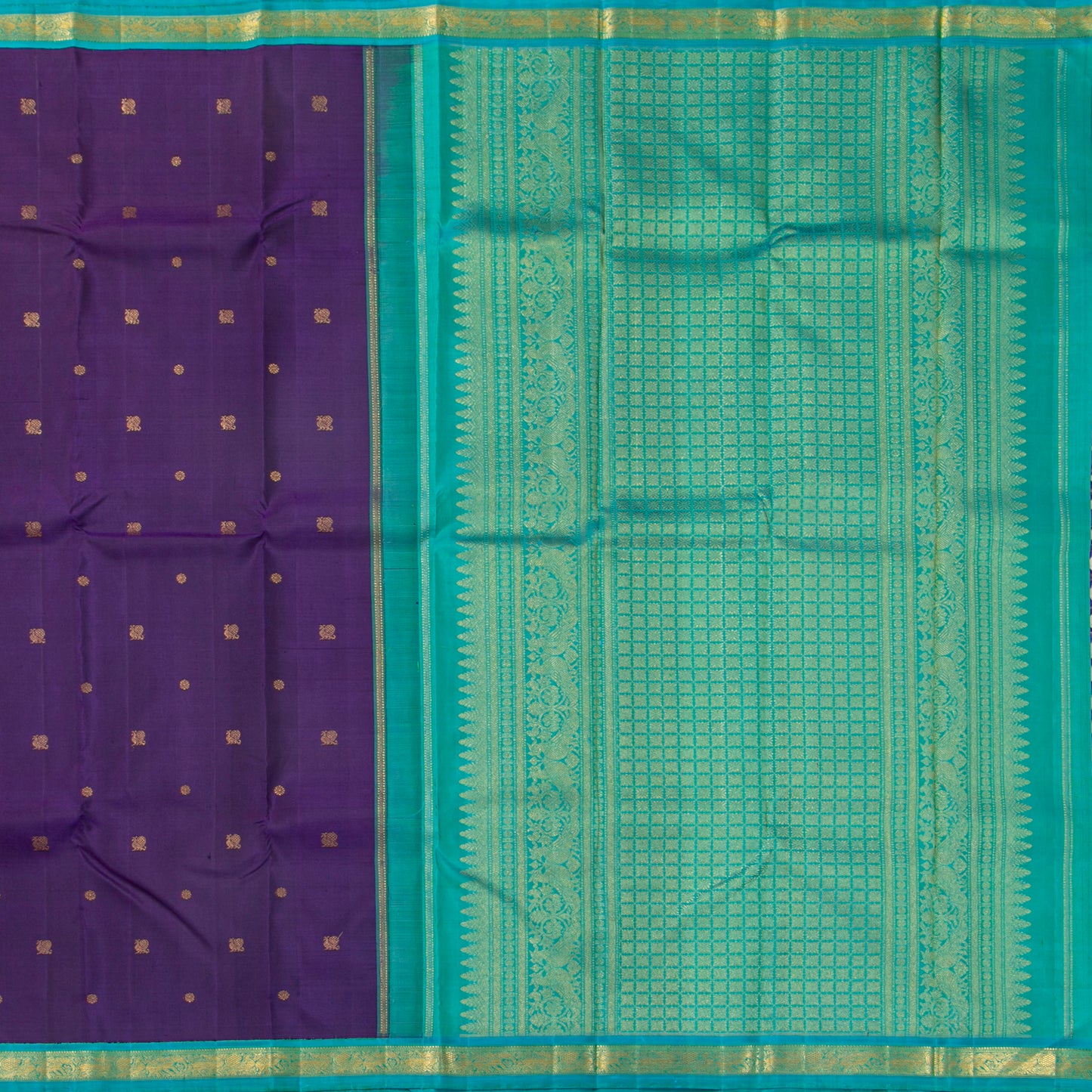 Purple And Turquoise Green Kanchipuram Silk Saree For Festive Wear PV NYC 1889