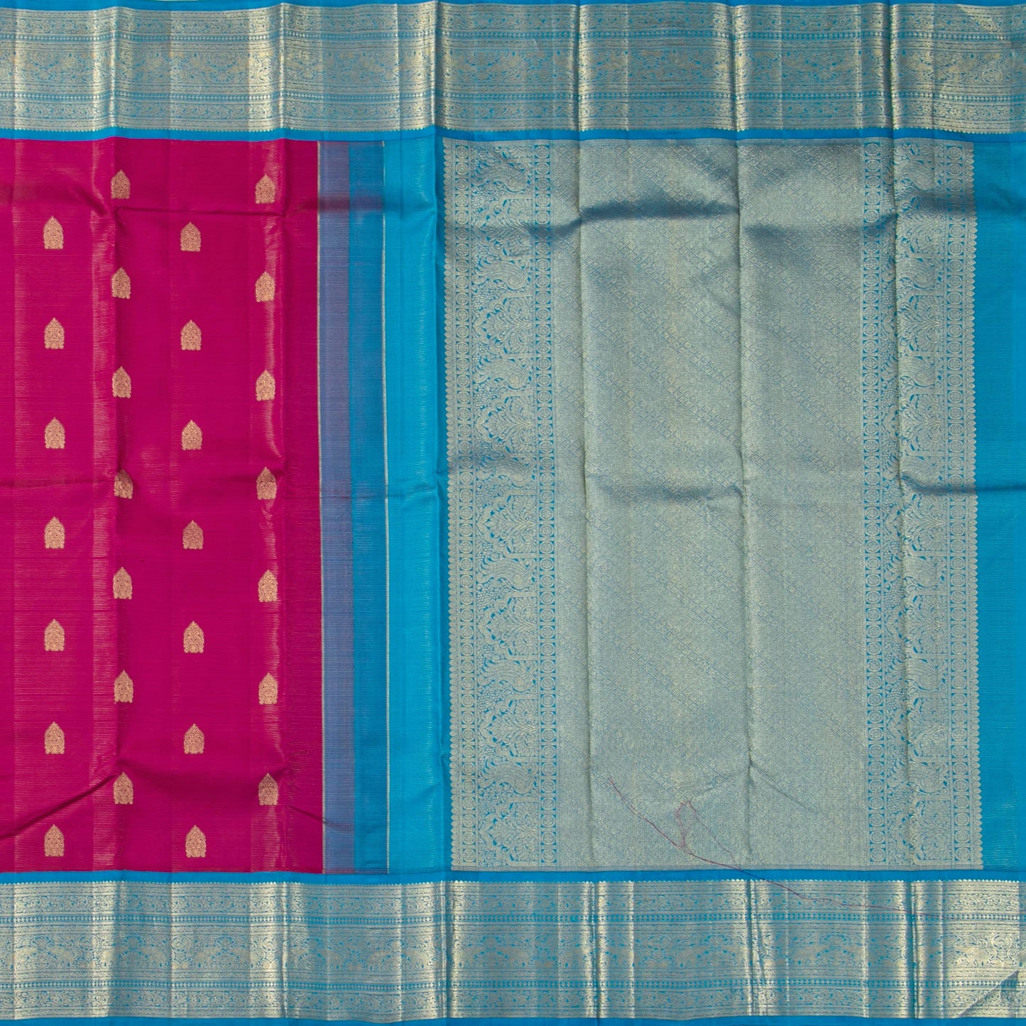 Pink And Cobalt Blue Kanchipuram Silk Saree With Vaira Oosi Zari Stripes For Wedding Wear PV NYC 1760 - Silk Sari - Panjavarnam PV NYC 1760