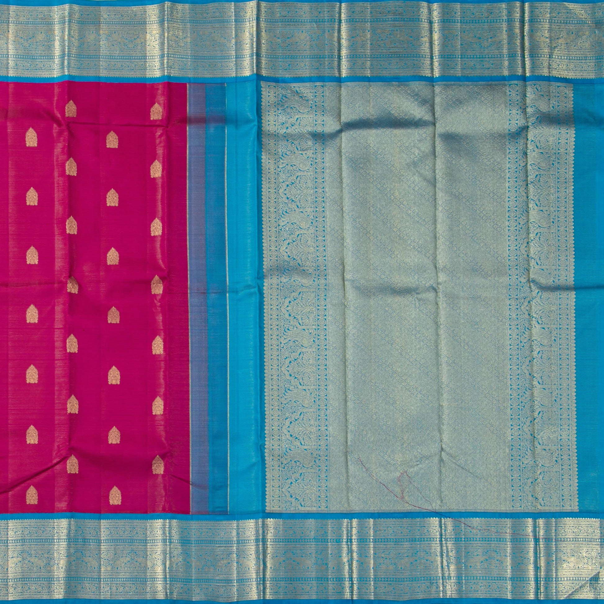 Pink And Cobalt Blue Kanchipuram Silk Saree With Vaira Oosi Zari Stripes For Wedding Wear PV NYC 1760 - Silk Sari - Panjavarnam PV NYC 1760