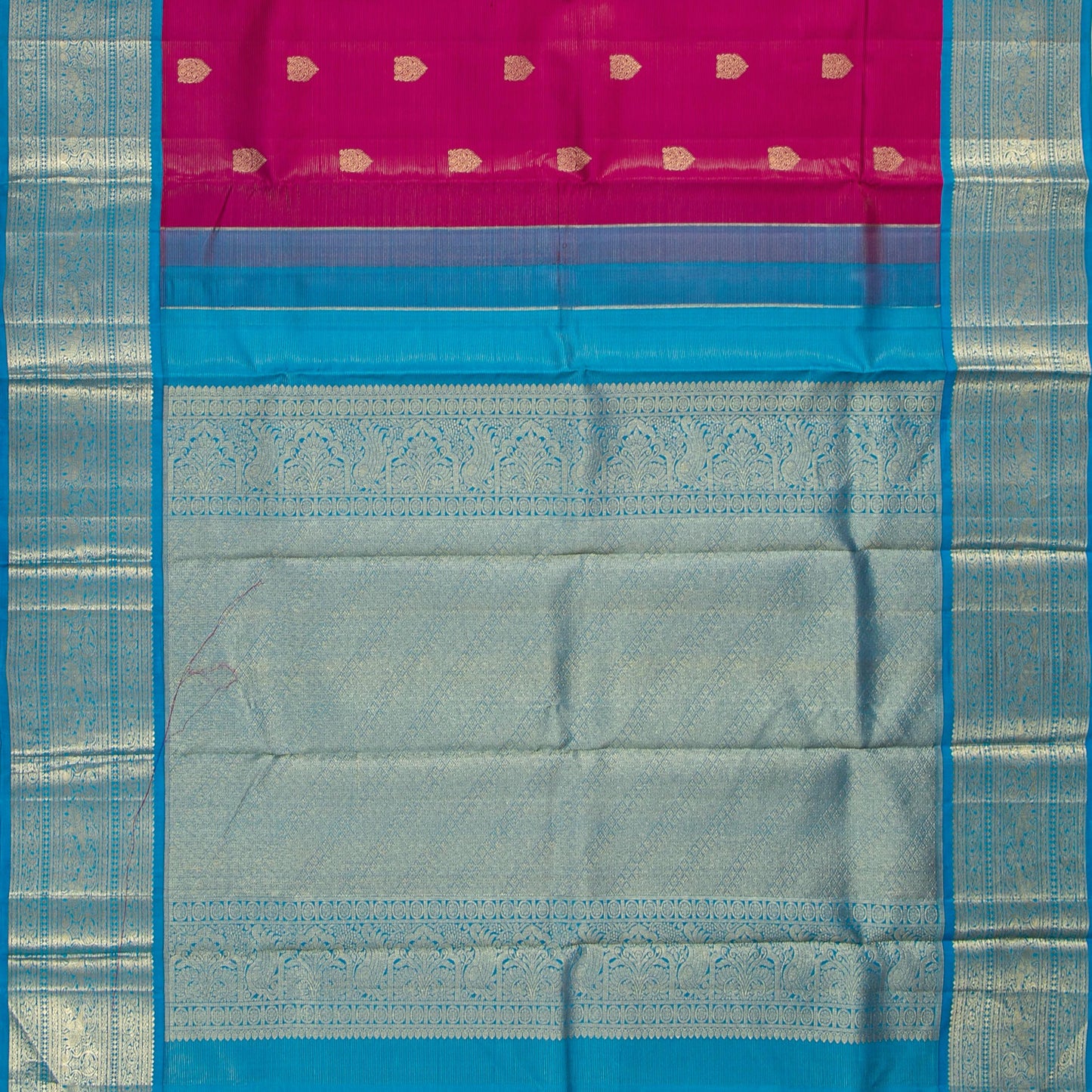 Pink And Cobalt Blue Kanchipuram Silk Saree With Vaira Oosi Zari Stripes For Wedding Wear PV NYC 1760 - Silk Sari - Panjavarnam PV NYC 1760