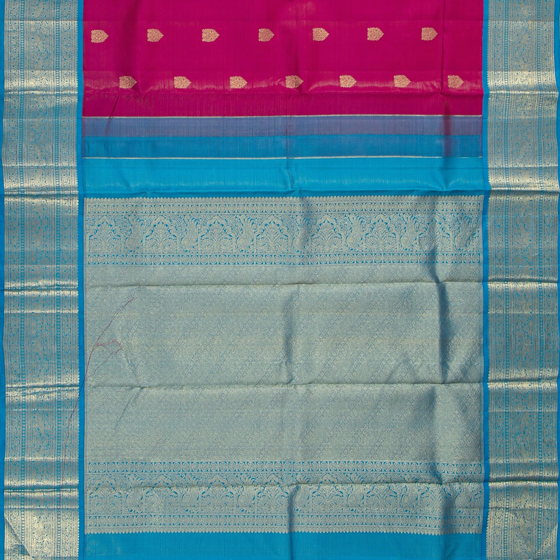 Pink And Cobalt Blue Kanchipuram Silk Saree With Vaira Oosi Zari Stripes For Wedding Wear PV NYC 1760 - Silk Sari - Panjavarnam PV NYC 1760