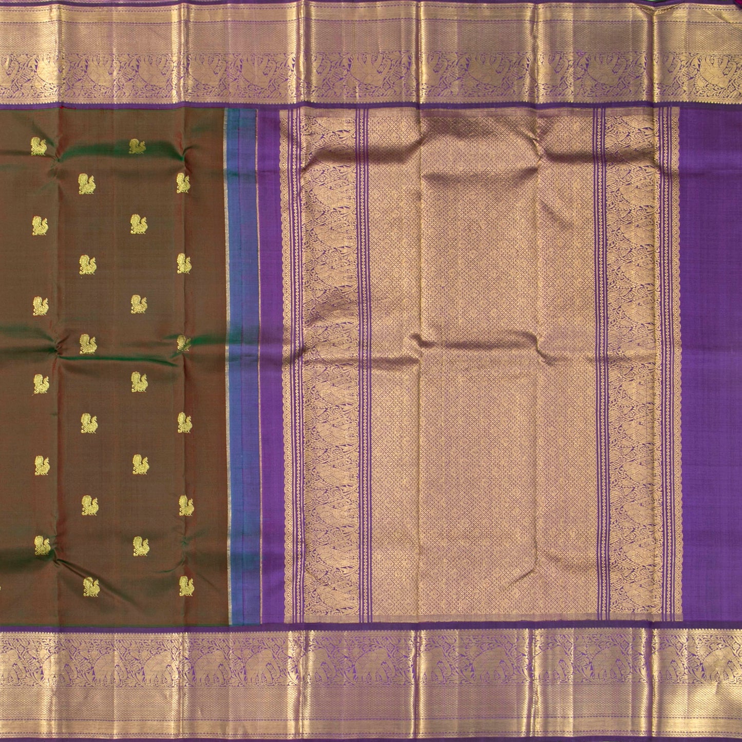 Manthulir Green And Purple Kanchipuram Silk Saree With Annapakshi Motifs For Wwdding Wear PV NYC 1845
