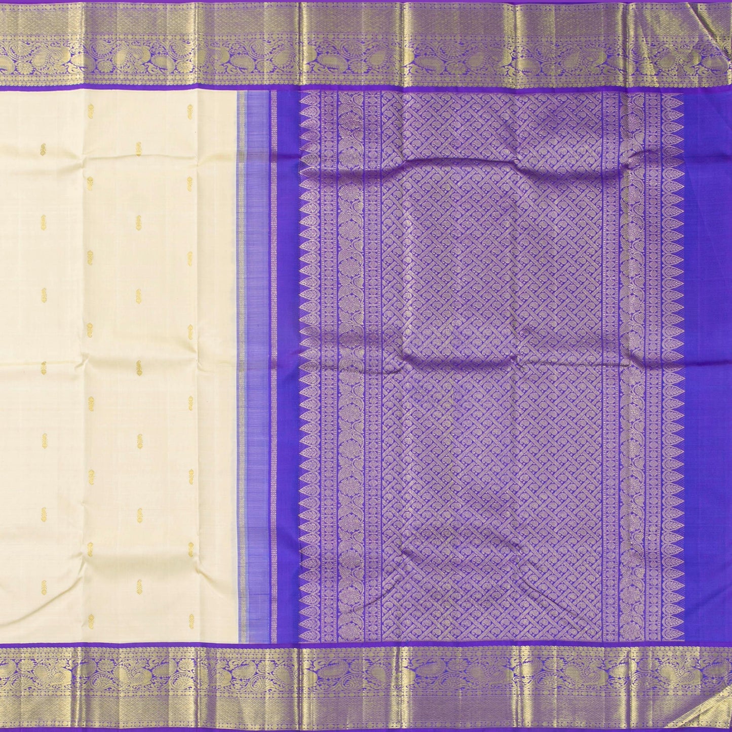 Cream And Violet Kanchipuram Silk Saree For Festive Wear PV NYC 1748