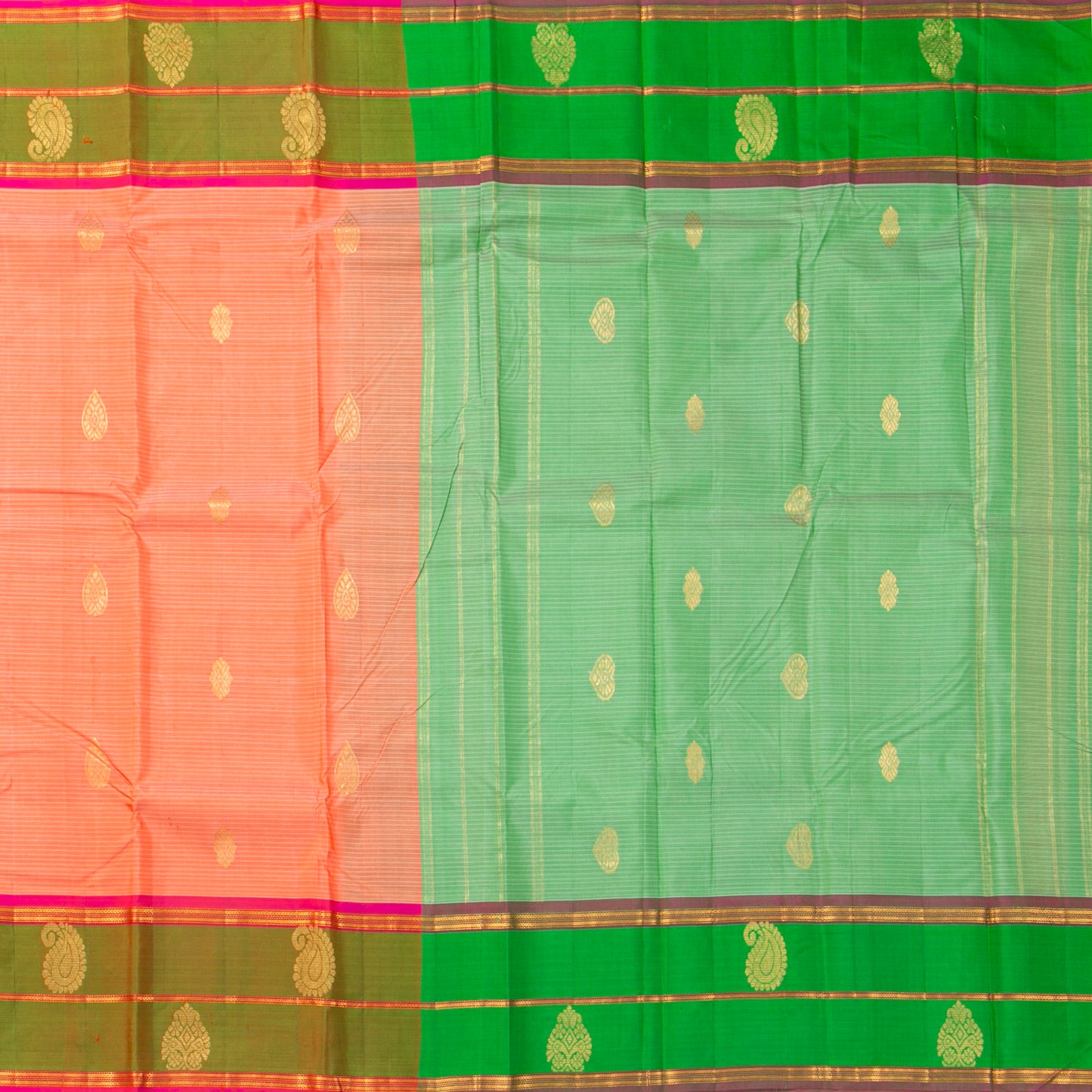 Peach And Green Kanchipuram Silk Saree With Self Stripes For Festive Wear PV NYC 1859