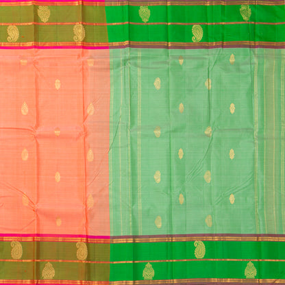 Peach And Green Kanchipuram Silk Saree With Self Stripes For Festive Wear PV NYC 1859