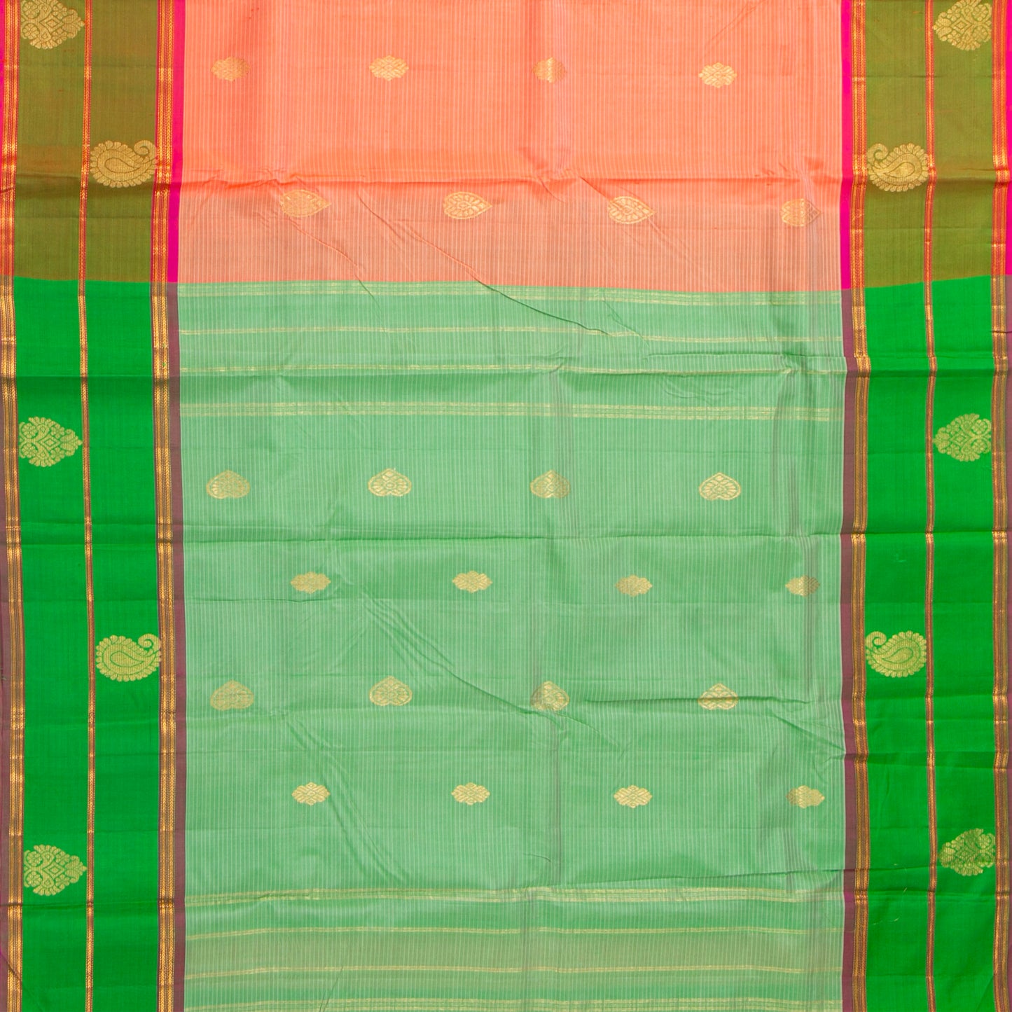 Peach And Green Kanchipuram Silk Saree With Self Stripes For Festive Wear PV NYC 1859