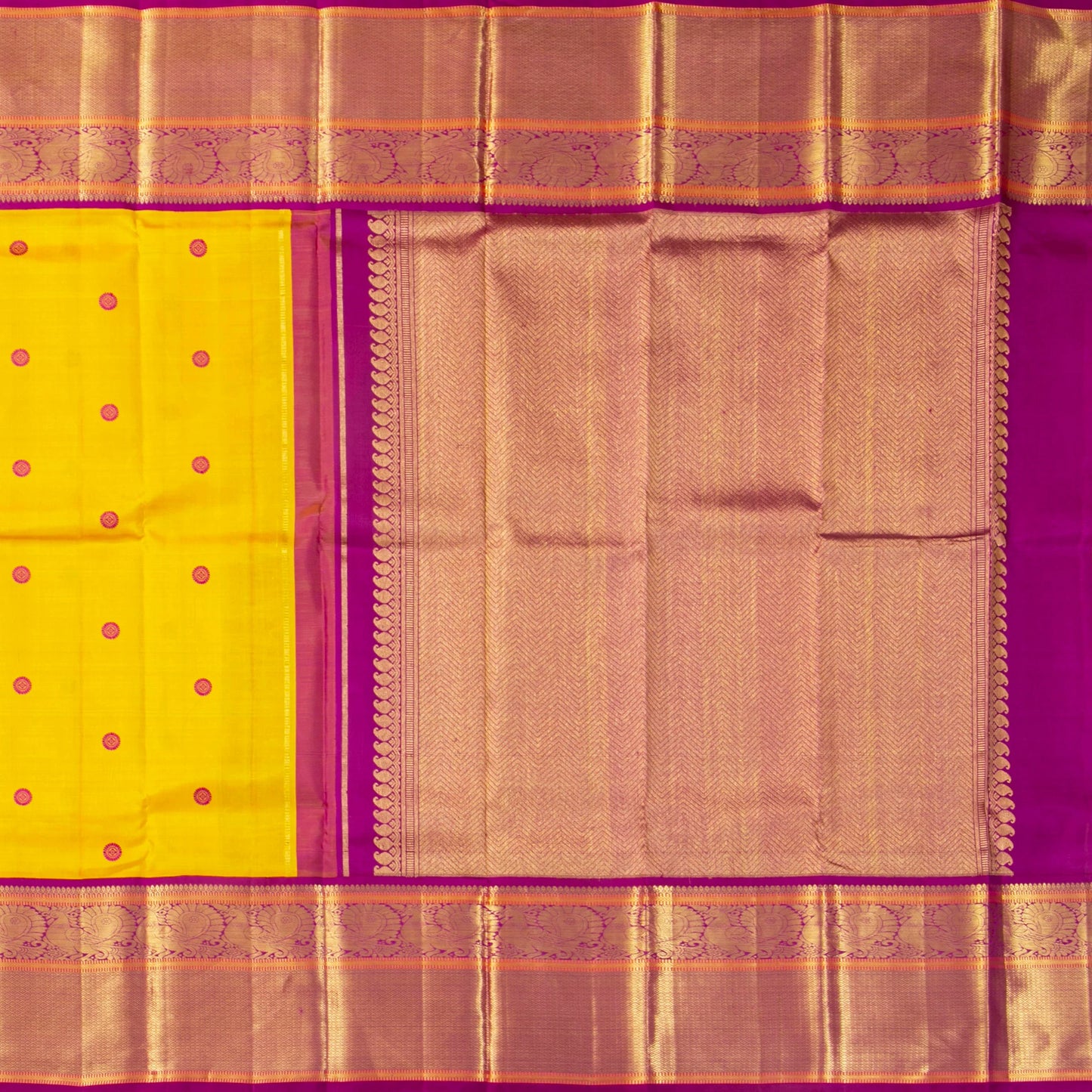 Yellow And Purple Kanchipuram Silk Saree With Long Border For Wedding Wear PV NYC 1799 - Silk Sari - Panjavarnam PV NYC 1799