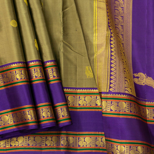 Olive Green And Violet Kanchipuram Silk Saree With Rettai Pettu Border For Wedding Wear PV NYC 1929
