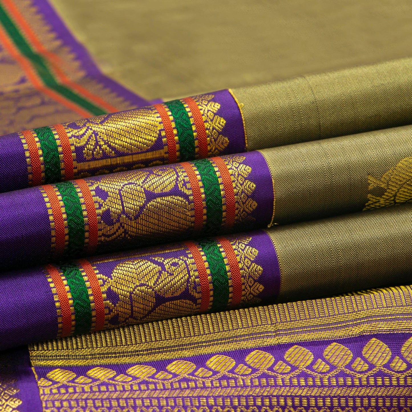 Olive Green And Violet Kanchipuram Silk Saree With Rettai Pettu Border For Wedding Wear PV NYC 1929