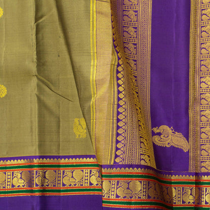 Olive Green And Violet Kanchipuram Silk Saree With Rettai Pettu Border For Wedding Wear PV NYC 1929