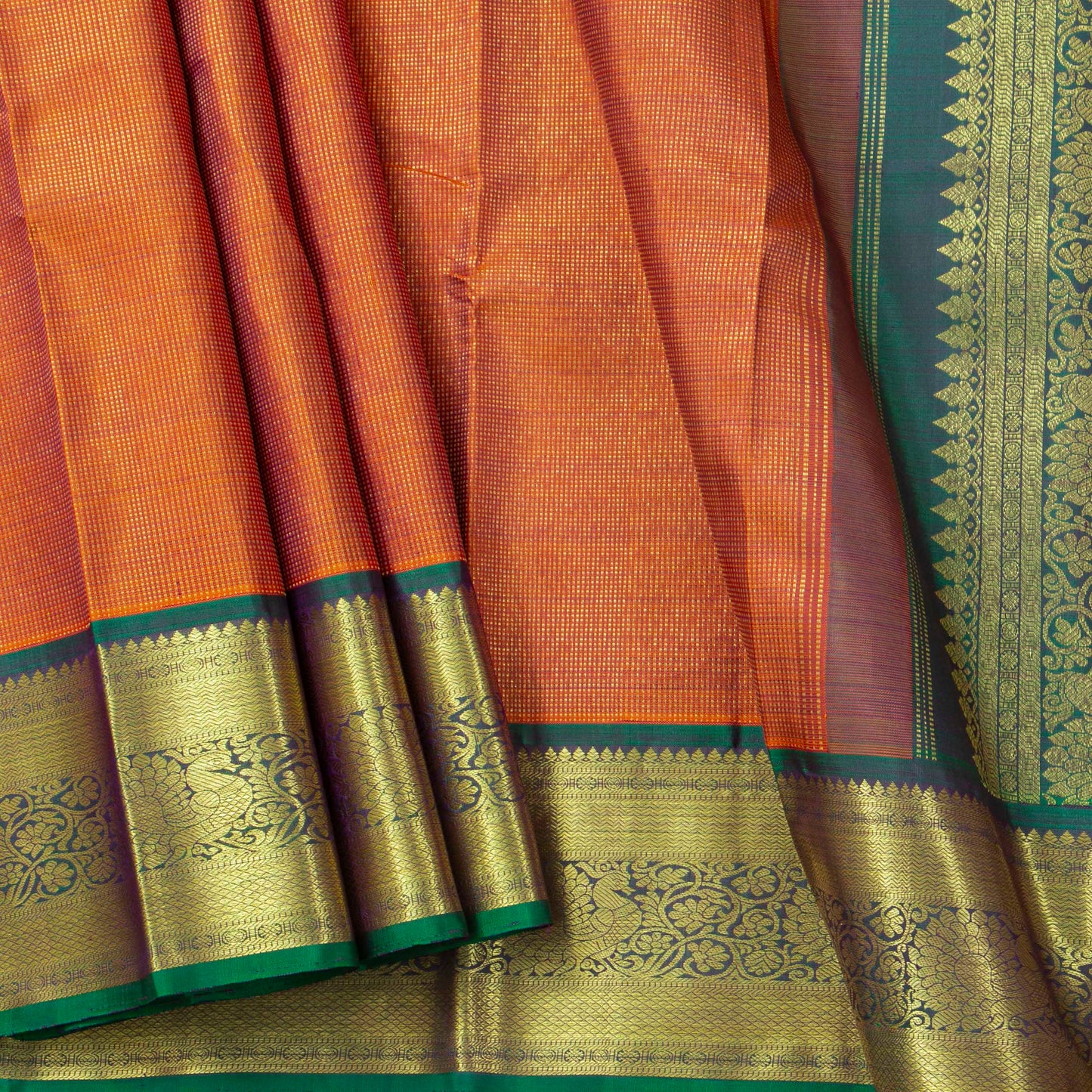 Orange And Green Kanchipuram Silk Saree For Festive Wear PV NYC 1828