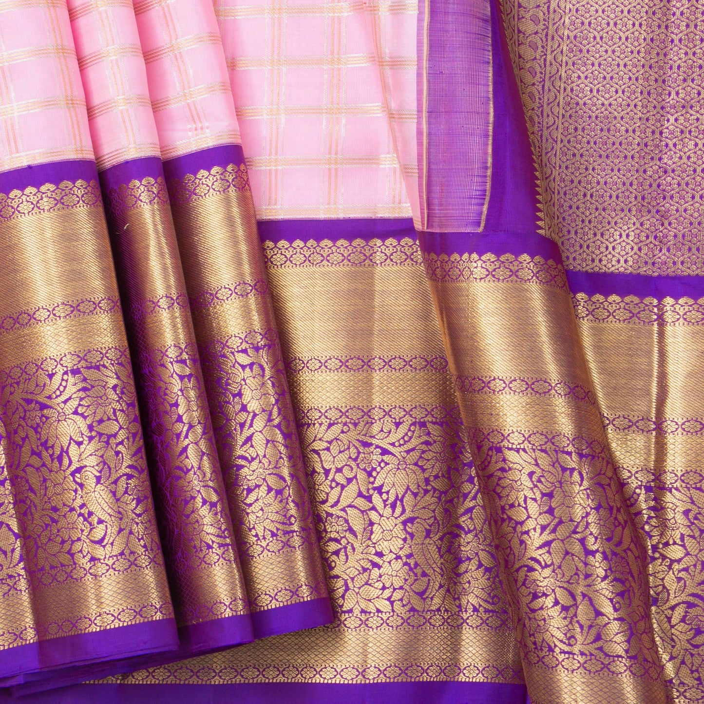 Lotus Pink And Violet Kanchipuram Silk Saree With Zari Checks For Bridal Wear PV NYC 1906