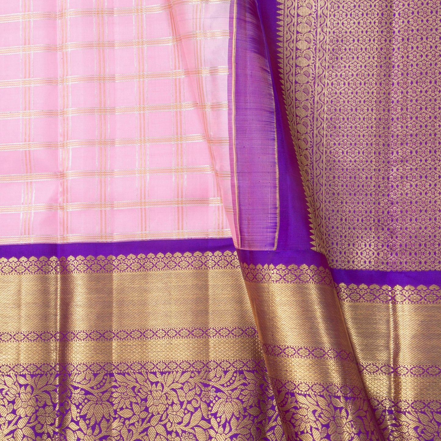 Lotus Pink And Violet Kanchipuram Silk Saree With Zari Checks For Bridal Wear PV NYC 1906