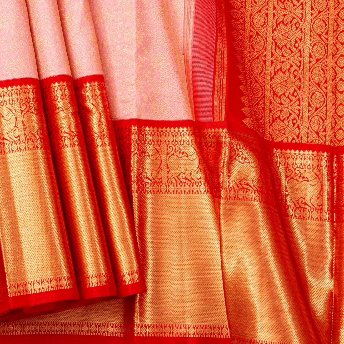 Pastel Pink And Red Kanchipuram Silk Saree With Gold Brocade For Bridal Wear PV NYC 1897