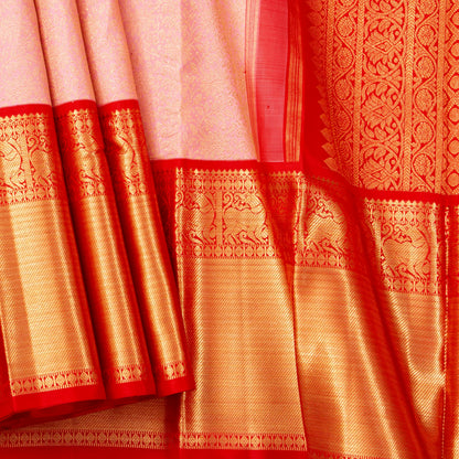 Pastel Pink And Red Kanchipuram Silk Saree With Gold Brocade For Bridal Wear PV NYC 1897