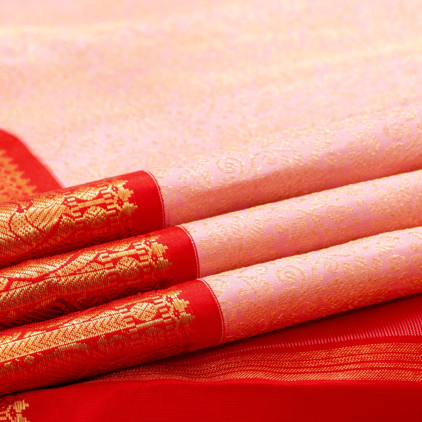 Pastel Pink And Red Kanchipuram Silk Saree With Gold Brocade For Bridal Wear PV NYC 1897