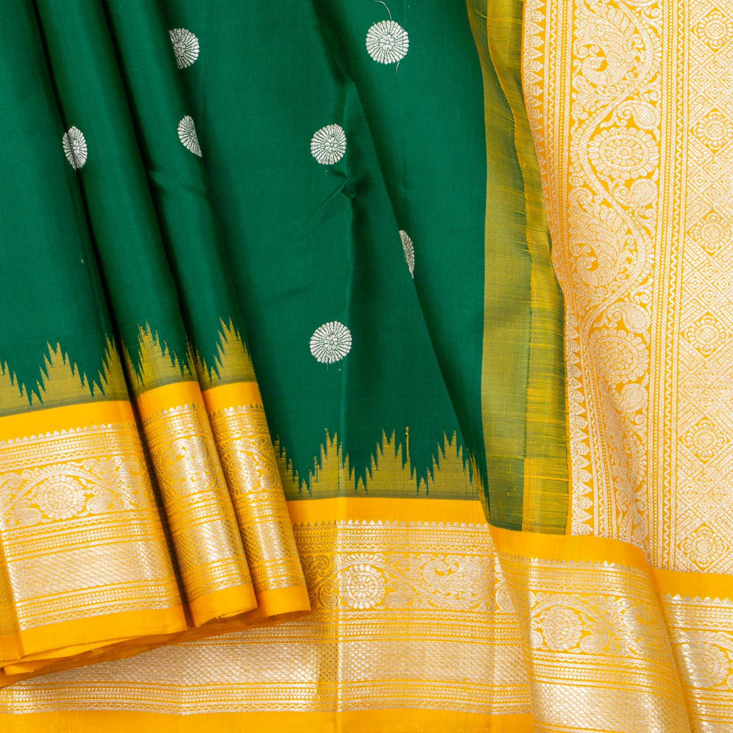 Green And Yellow Kanchipuram Silk Saree For Wedding Wear PV NYC 1909