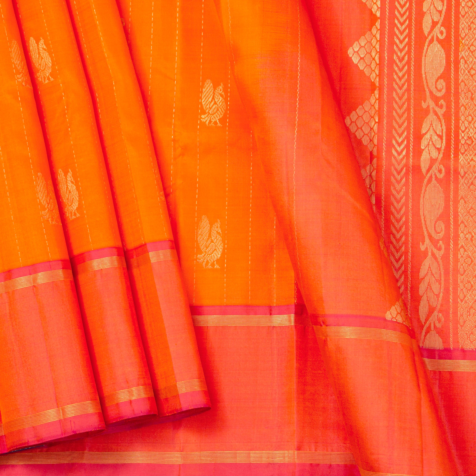 Orange And Pink Kanchipuram Silk Saree For Festive Wear PV NYC 1869 - Silk Sari - Panjavarnam PV NYC 1869