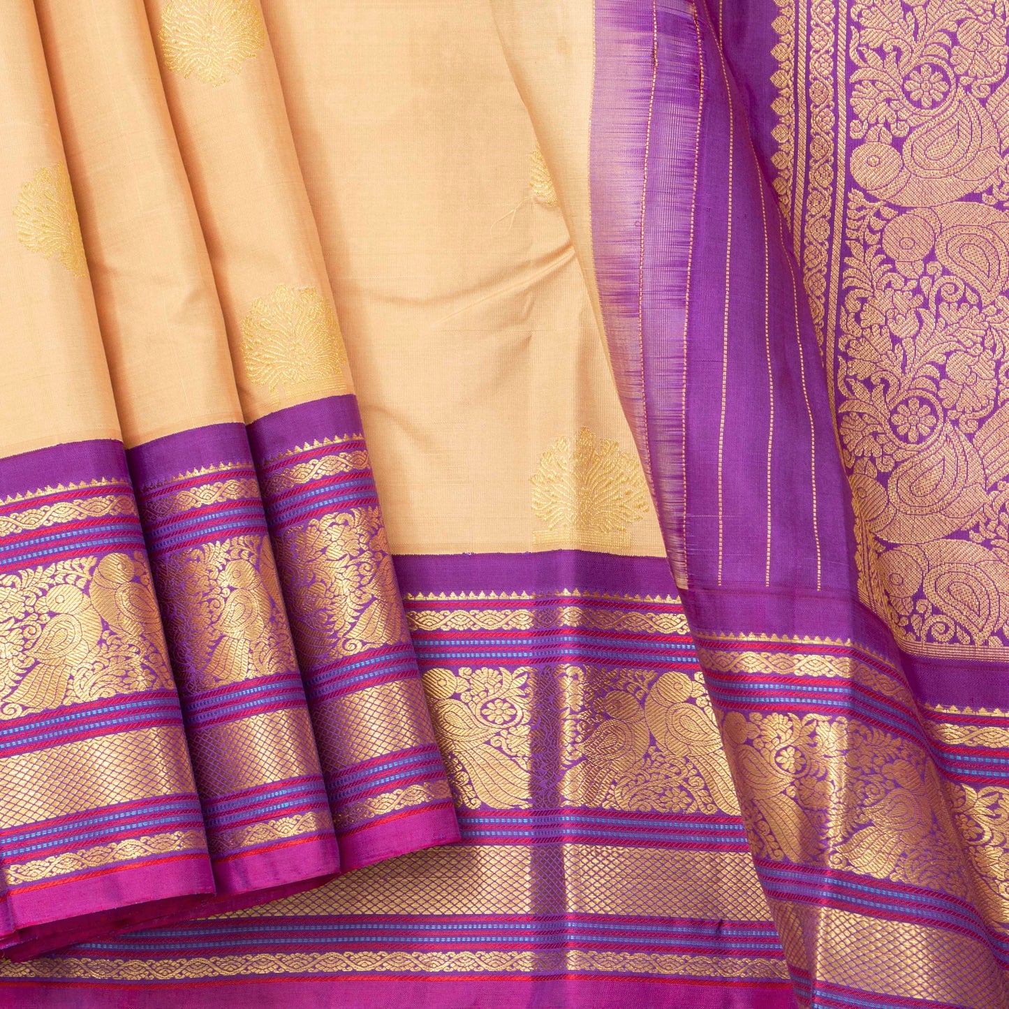 Cream And Purple Kanchipuram Silk Saree For Wedding Wear PV NYC 1919