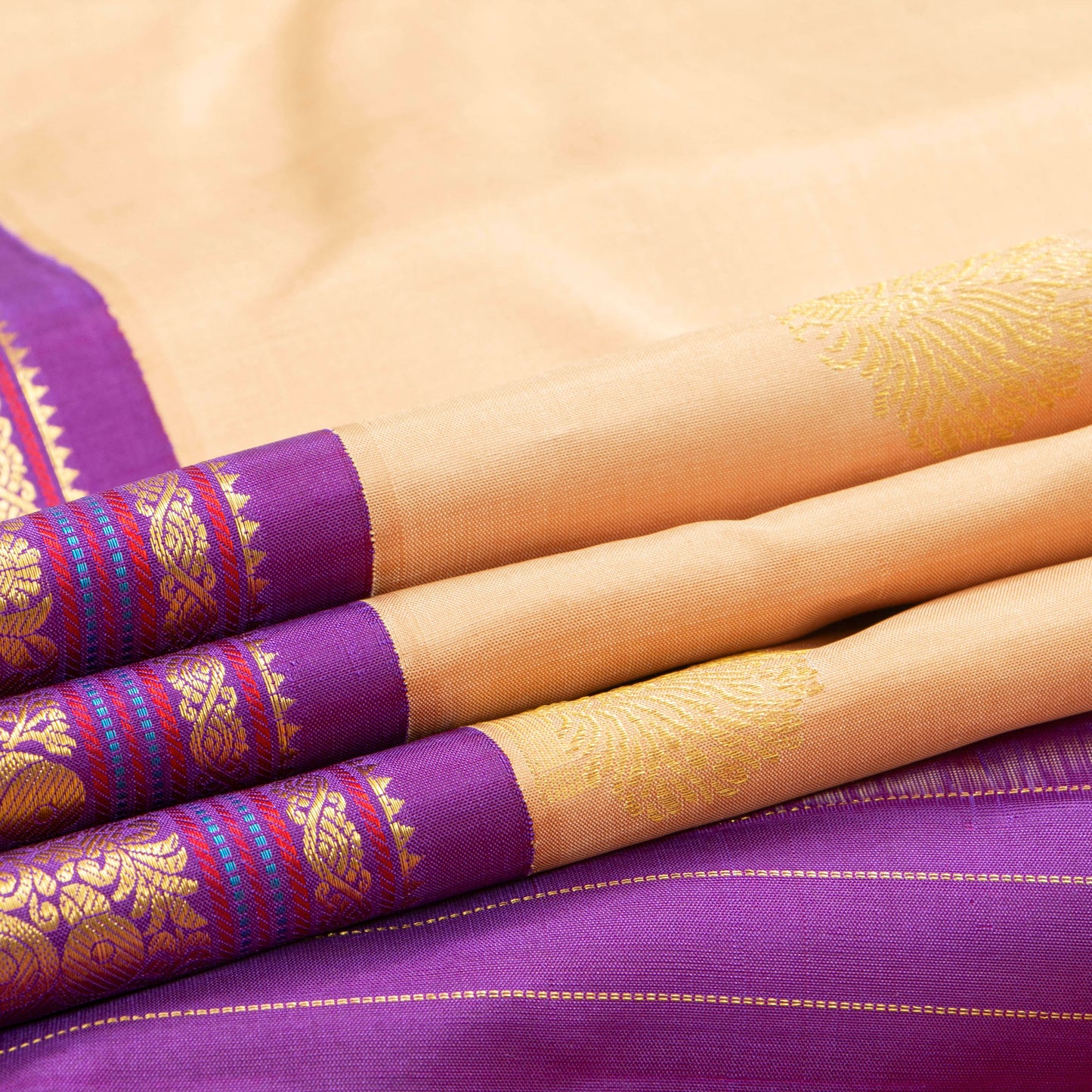 Cream And Purple Kanchipuram Silk Saree For Wedding Wear PV NYC 1919