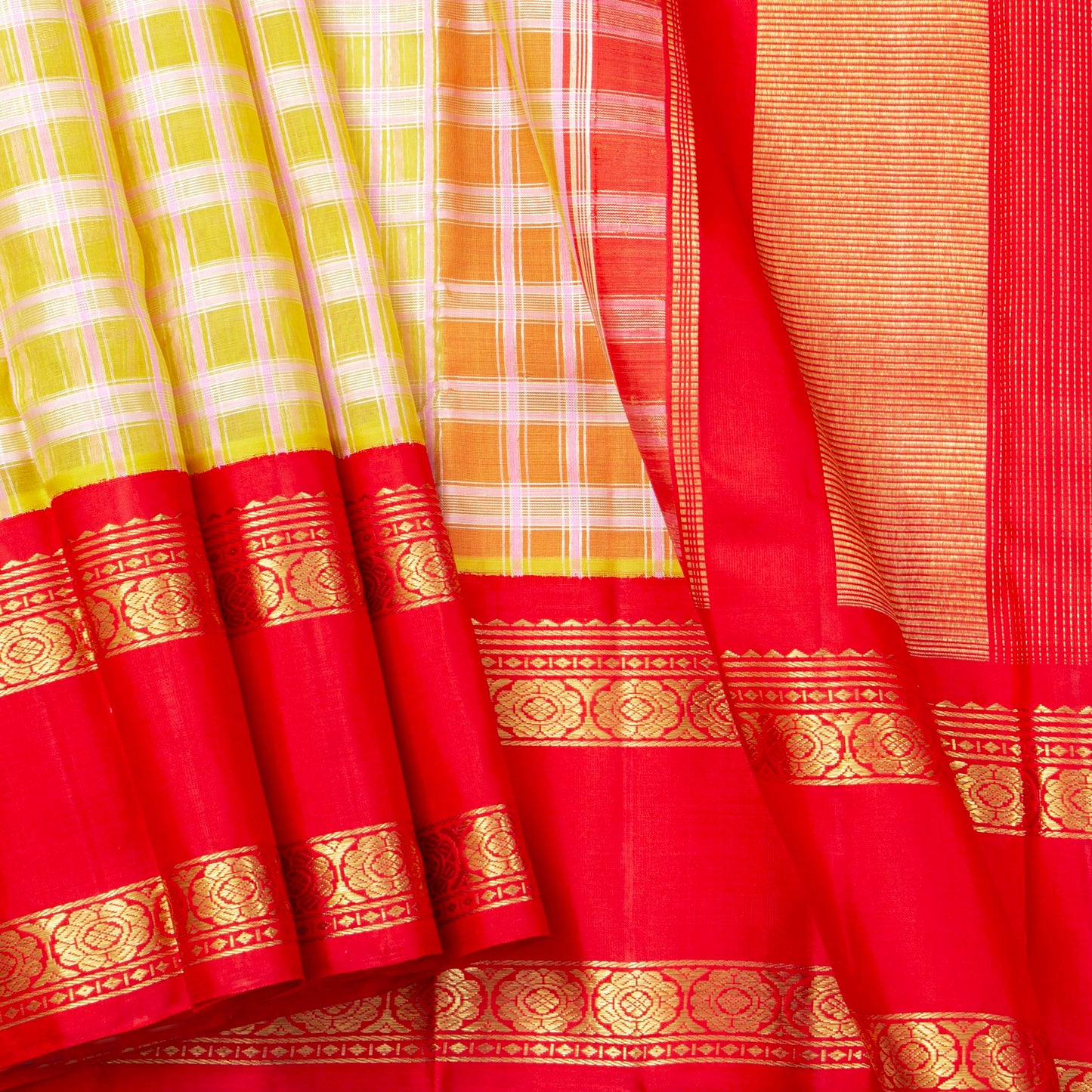 Yellow And Red Kanchipuram Organza Silk Saree For Wedding Wear PV NYC 1915