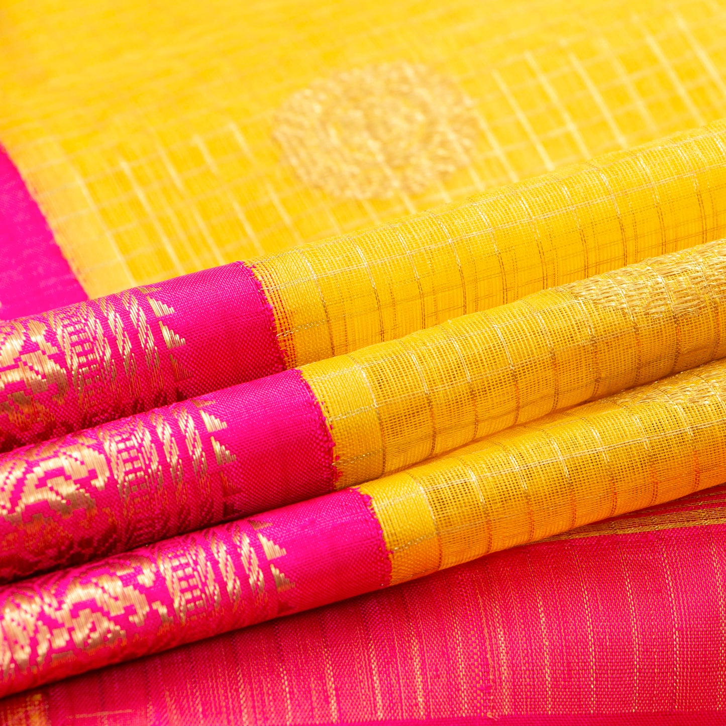 Yellow And Pink Kanchipuram Organza Silk Saree For Wedding Wear PV NYC 1916