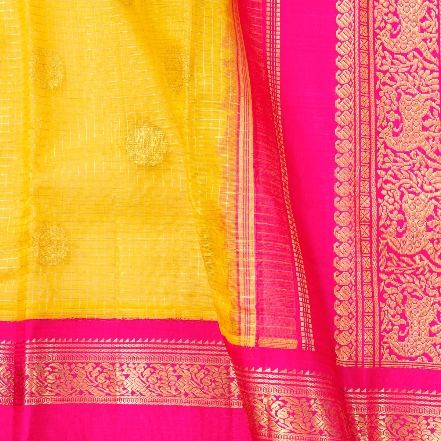 Yellow And Pink Kanchipuram Organza Silk Saree For Wedding Wear PV NYC 1916