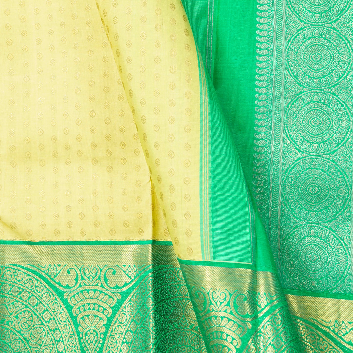 Pastel Yellow And Sea Green Kanchipuram Silk Saree For Festive Wear PV NYC 1871