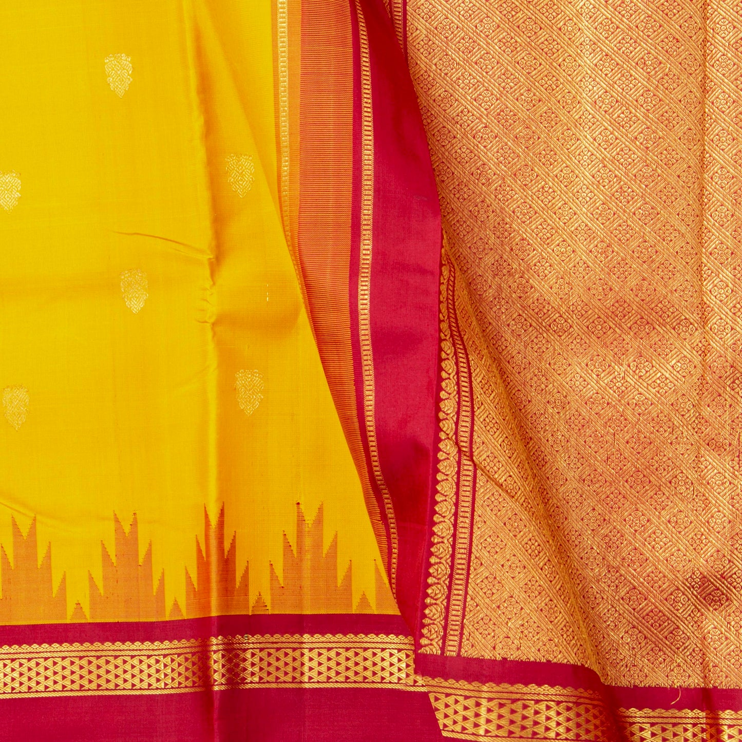 Yellow And Red Kanchipuram Silk Saree For Festive Wear PV NYC 1745