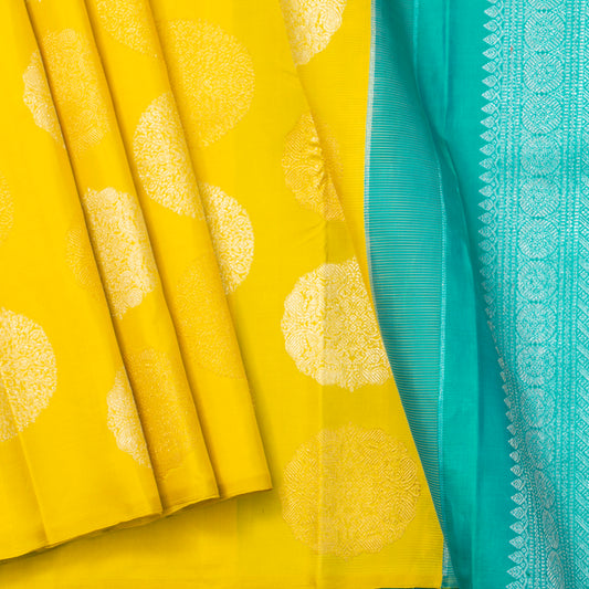 Yellow And Aqua Blue Kanchipuram Silk Saree For Festive Wear PV NYC 1834