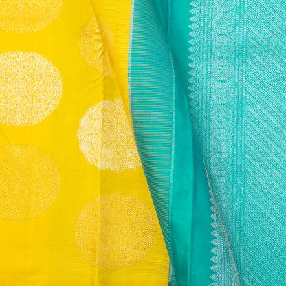 Yellow And Aqua Blue Kanchipuram Silk Saree For Festive Wear PV NYC 1834